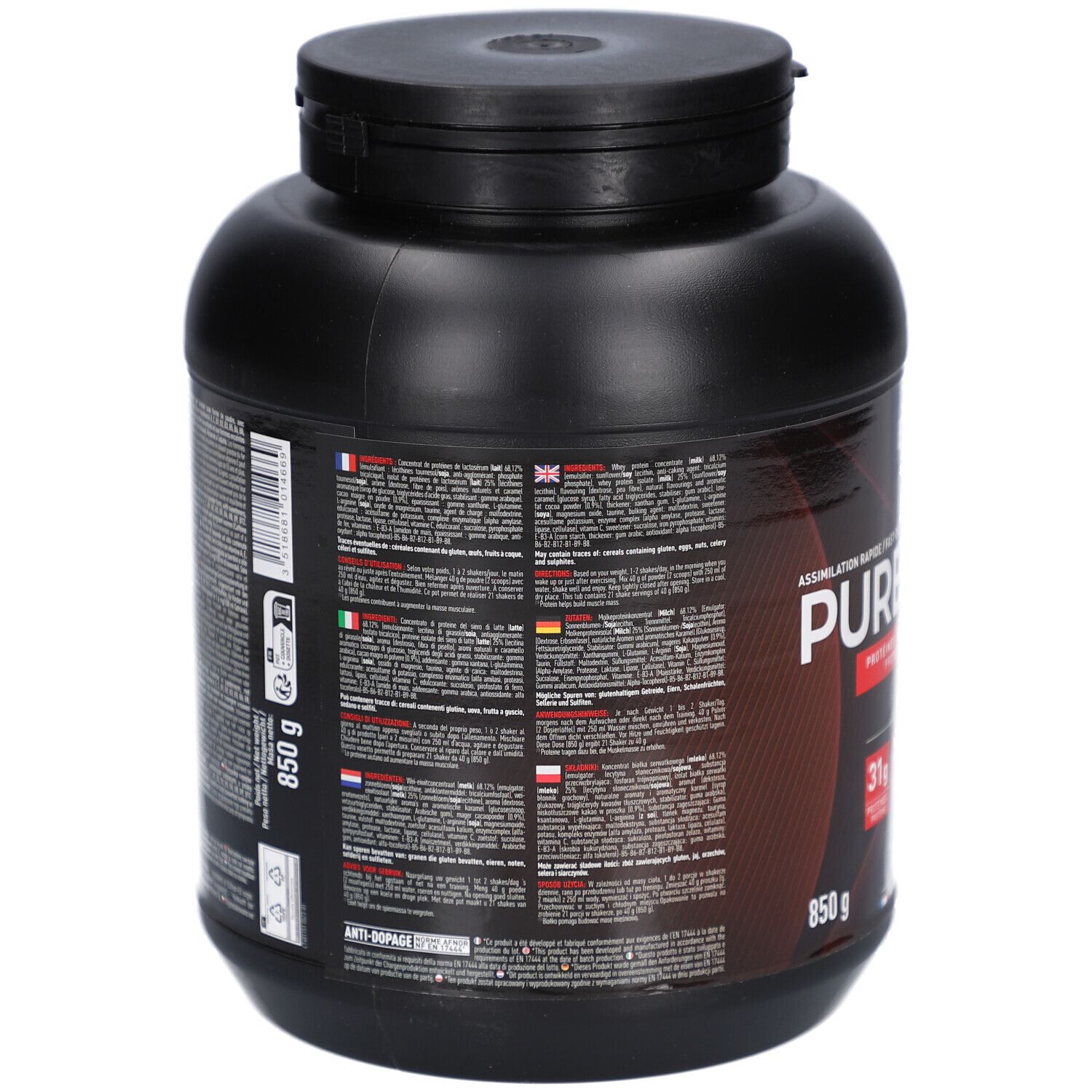 Dos du pot noir EAFIT Pure Whey. Texte en plusieurs langues. Indication de 850g.