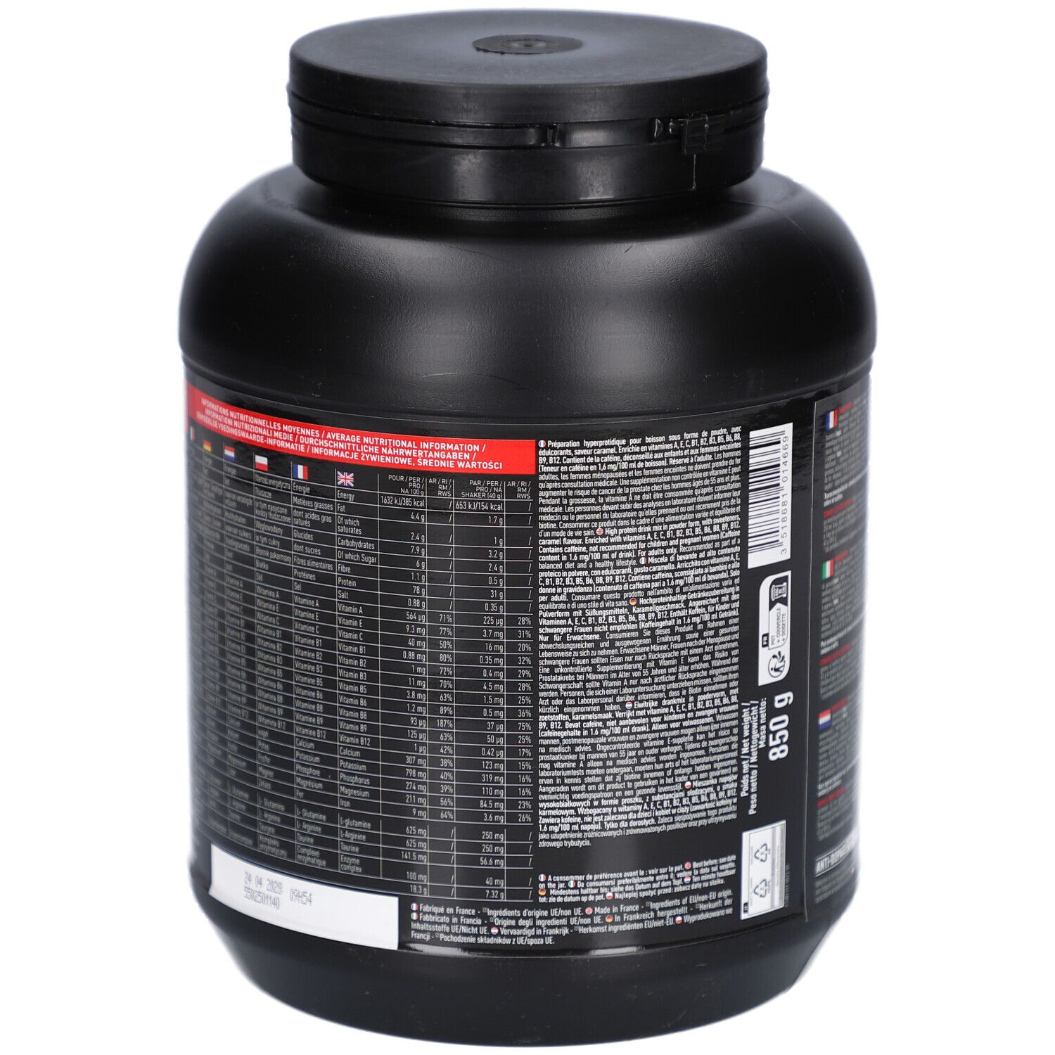 Dos du pot noir EAFIT Pure Whey. Vue détaillée des ingrédients et informations nutritionnelles. Indication de 850g.
