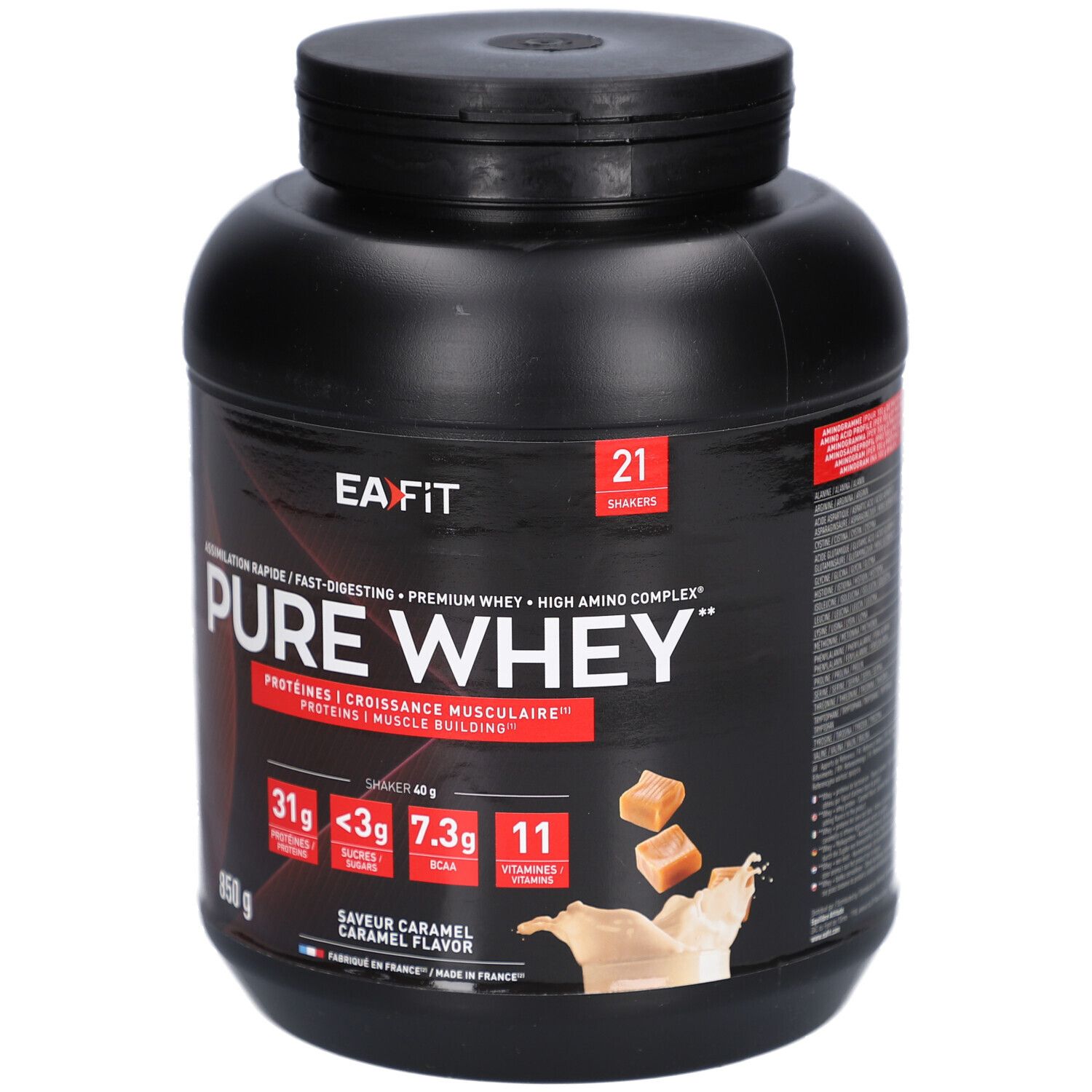 Pot noir EAFIT Pure Whey. Inscription: Pure Whey, protéines, 850g, Saveur Caramel. Illustration de caramel et lait.