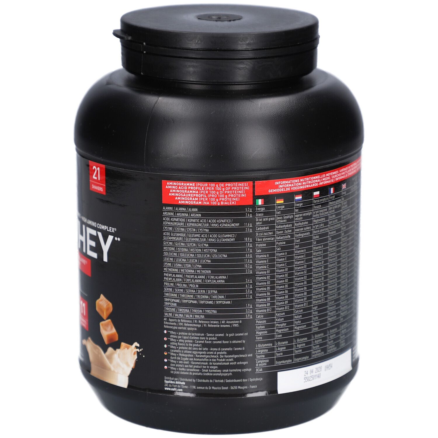 Dos du pot noir EAFIT Pure Whey. Vue détaillée des ingrédients et informations nutritionnelles. Indication de 850g.