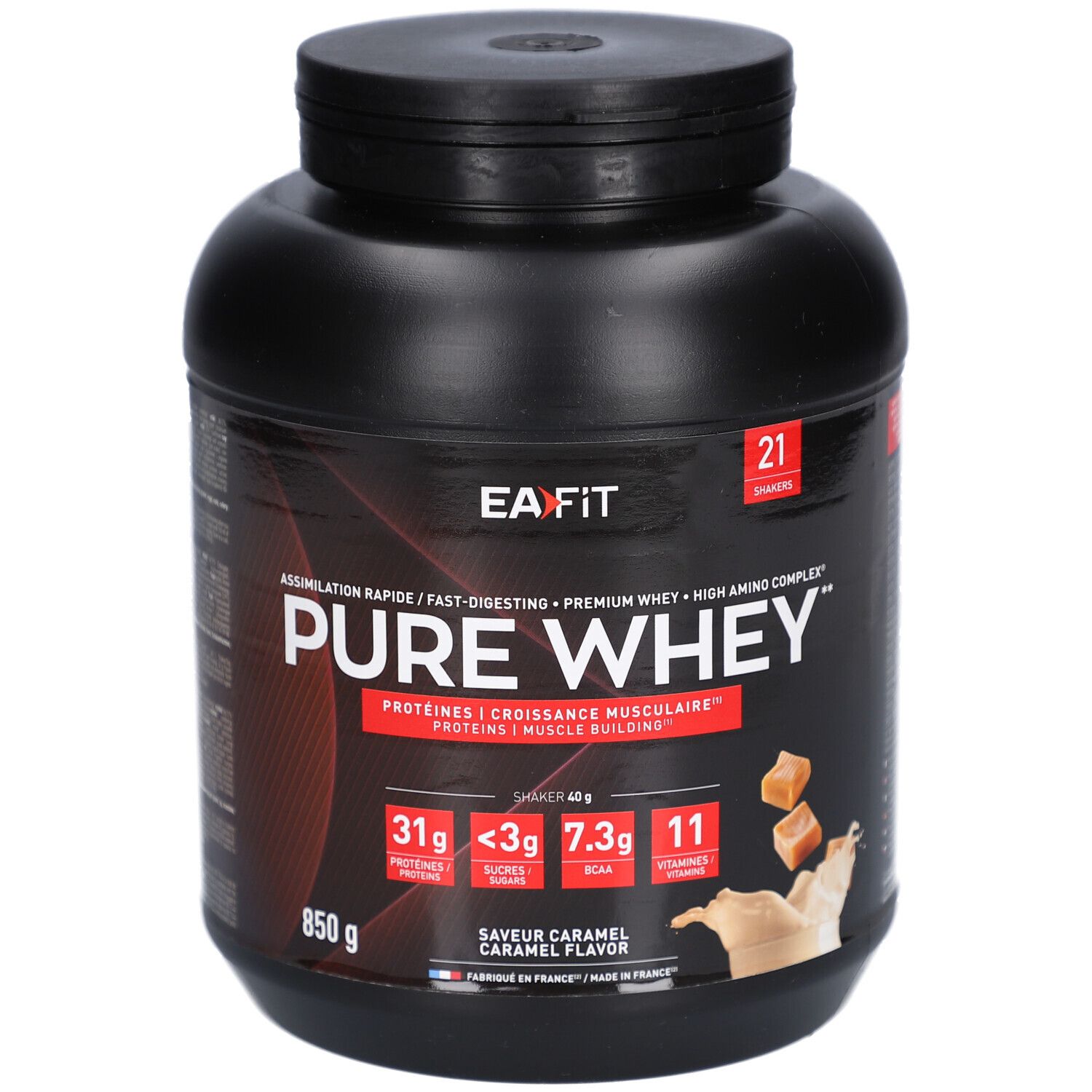 Pot noir EAFIT Pure Whey. Inscription: Pure Whey, protéines, 850g, Saveur Caramel. Illustration de caramel et lait.