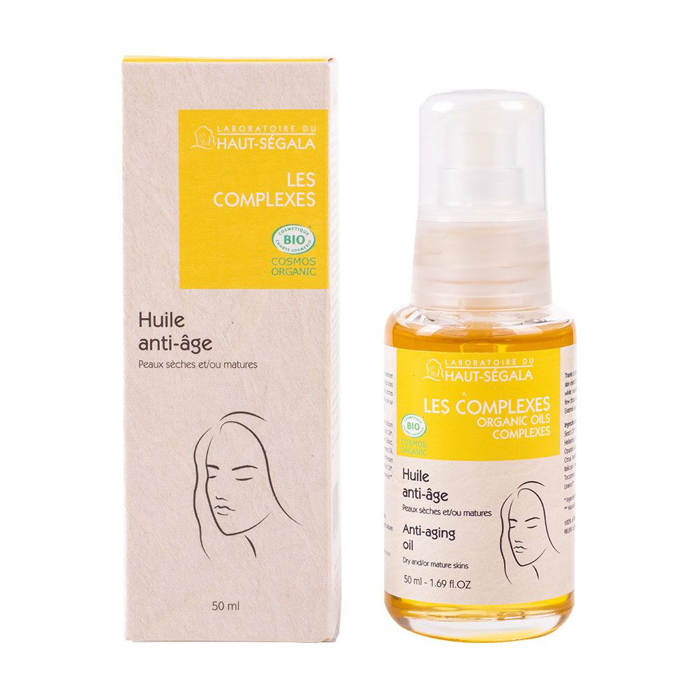 Huile anti-âge et emballage Haut-Ségala. Texte jaune sur fond blanc. Certification bio. 50 ml.