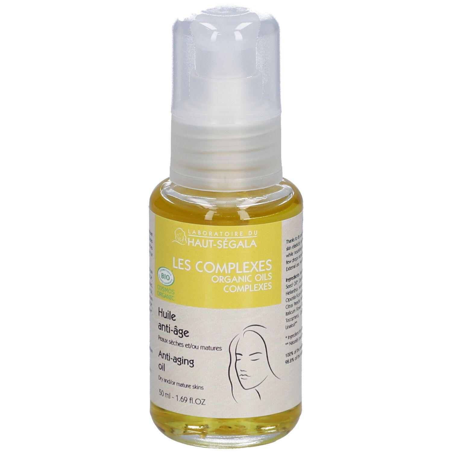 Huile anti-âge Haut-Ségala. Texte jaune sur fond blanc. Certification bio. 50 ml.