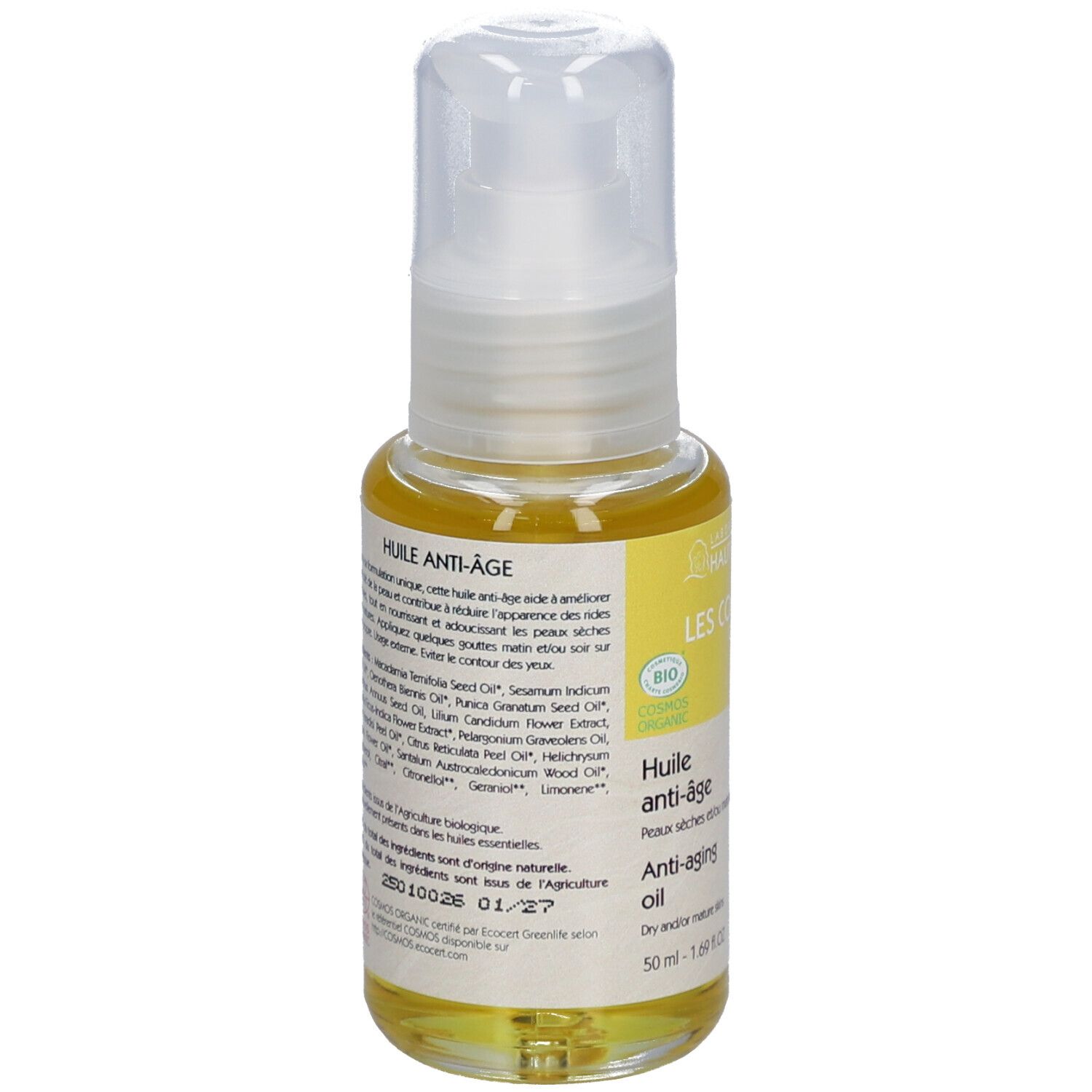 Huile anti-âge Haut-Ségala. Texte jaune sur fond blanc. Certification bio. 50 ml.