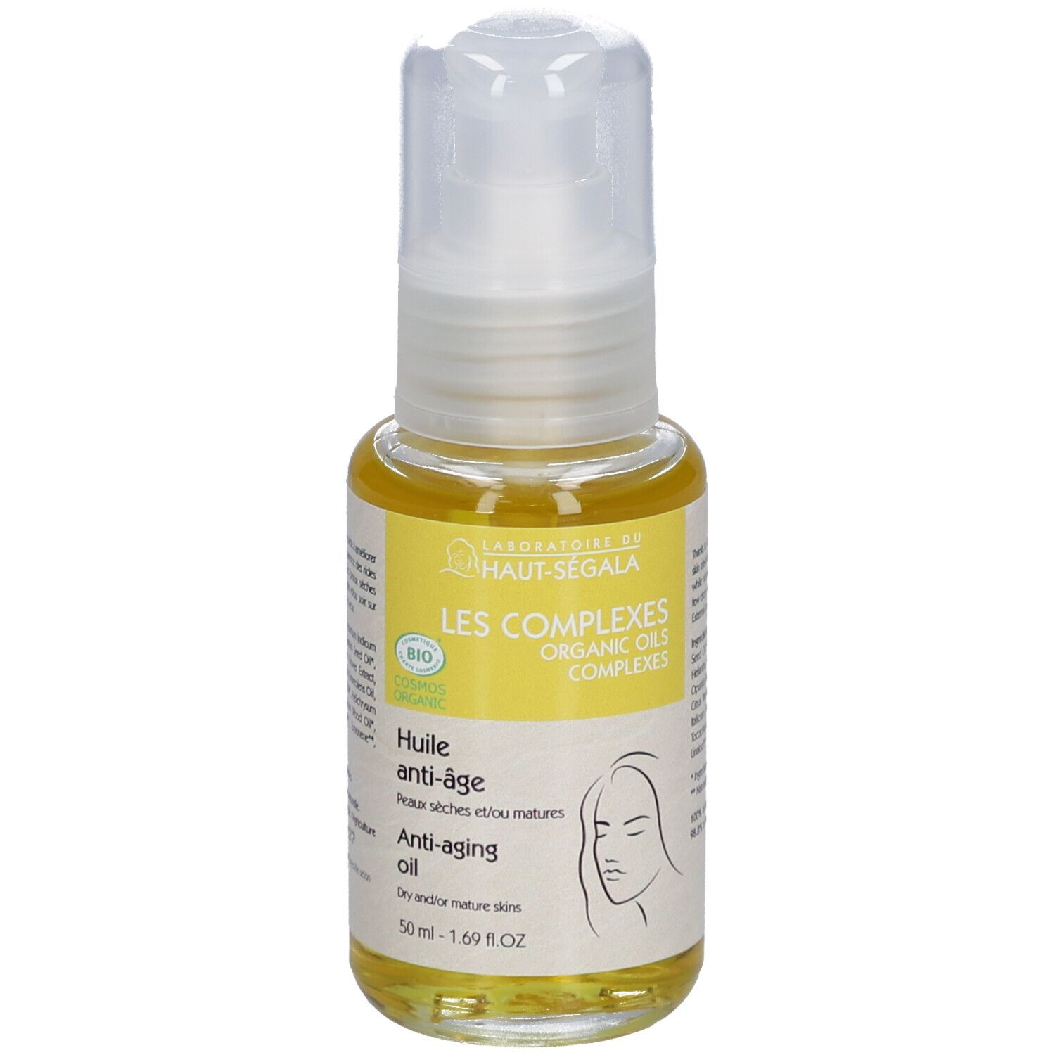 Huile anti-âge Haut-Ségala. Texte jaune sur fond blanc. Certification bio. 50 ml.