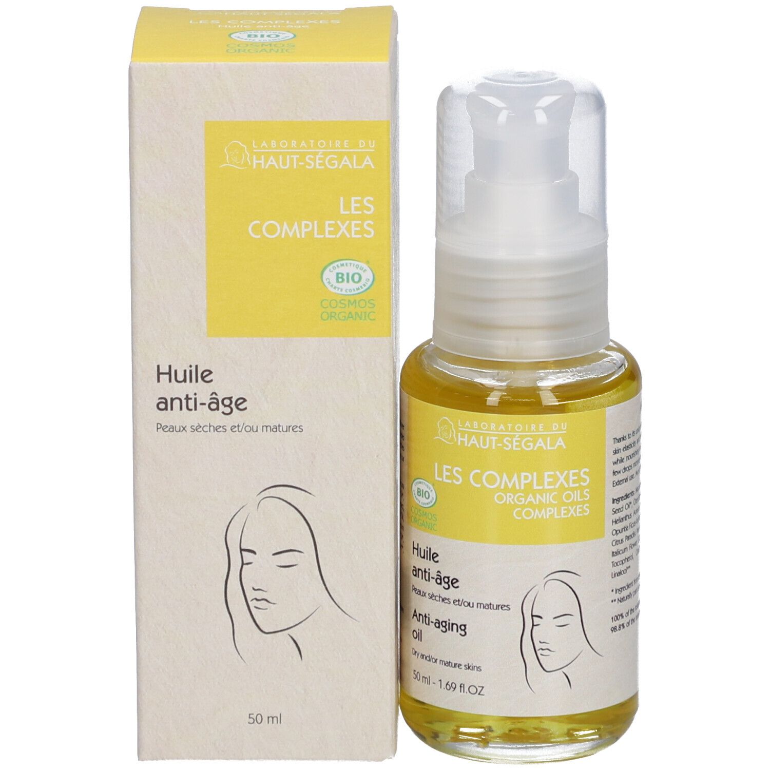Huile anti-âge et emballage Haut-Ségala. Texte jaune sur fond blanc. Certification bio. 50 ml.