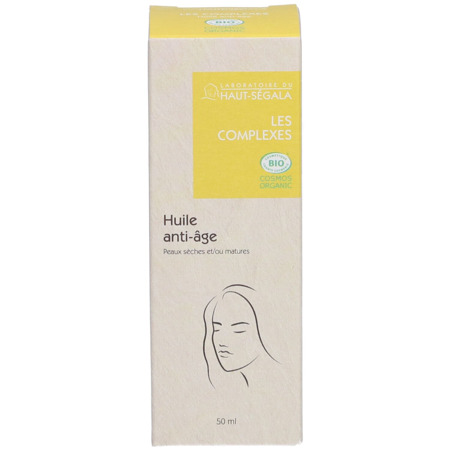 Emballage Huile anti-âge Haut-Ségala. Texte jaune sur fond blanc. Certification bio. 50 ml.