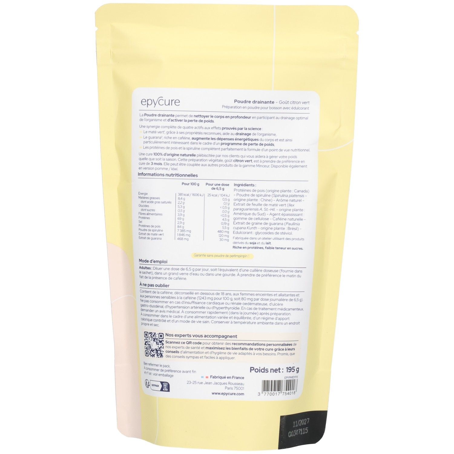 Arrière du sachet Epycure Poudre Drainante avec informations nutritionnelles et ingrédients.