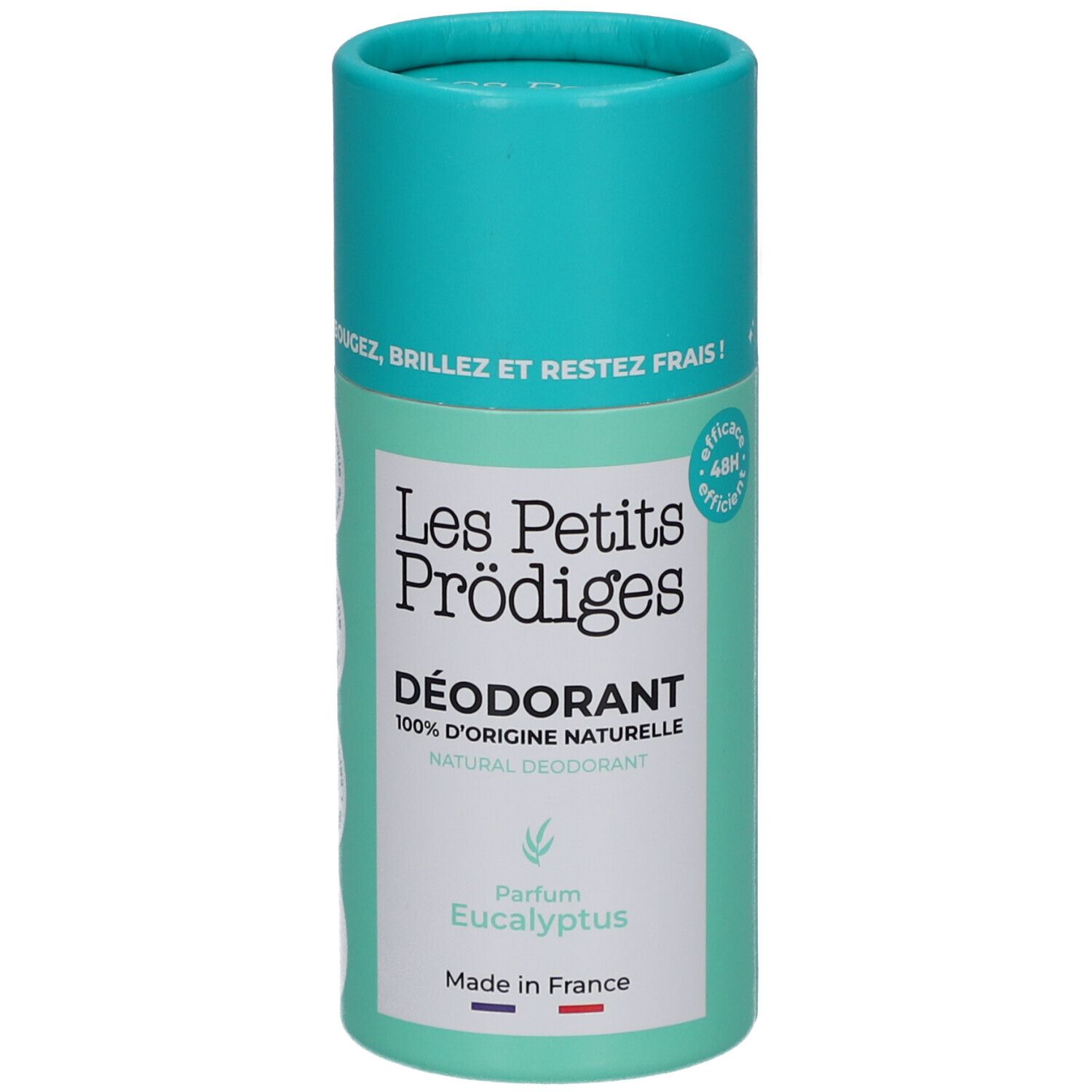 Stick de déodorant cylindrique, turquoise et blanc. Inscription: Les Petits Prodiges, Déodorant, 100% d'origine naturelle, Parfum Eucalyptus. Fabriqué en France.