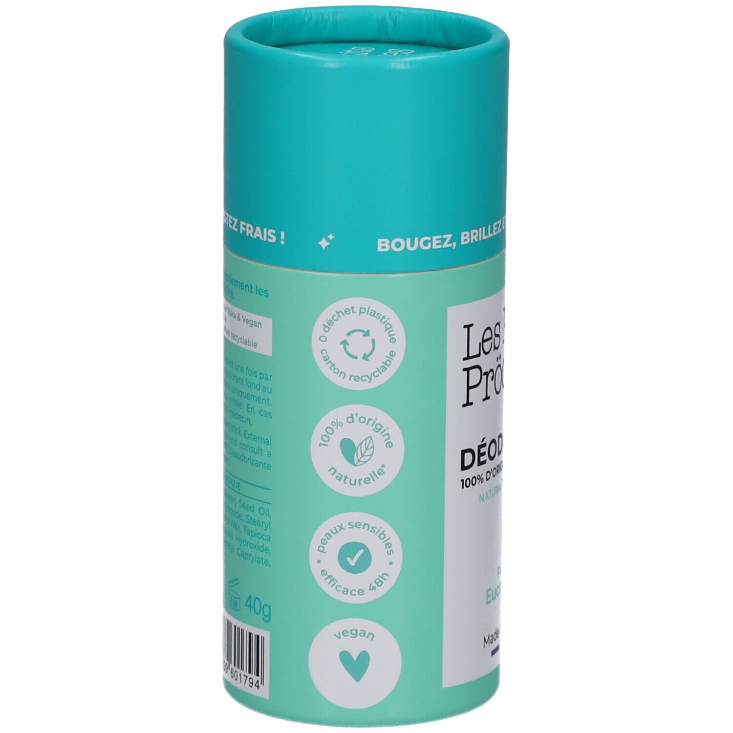 Dos du stick déodorant. Emballage turquoise et blanc. Texte: 100% d'origine naturelle, carton recyclable, vegan, efficace 48h. Contient 40g.