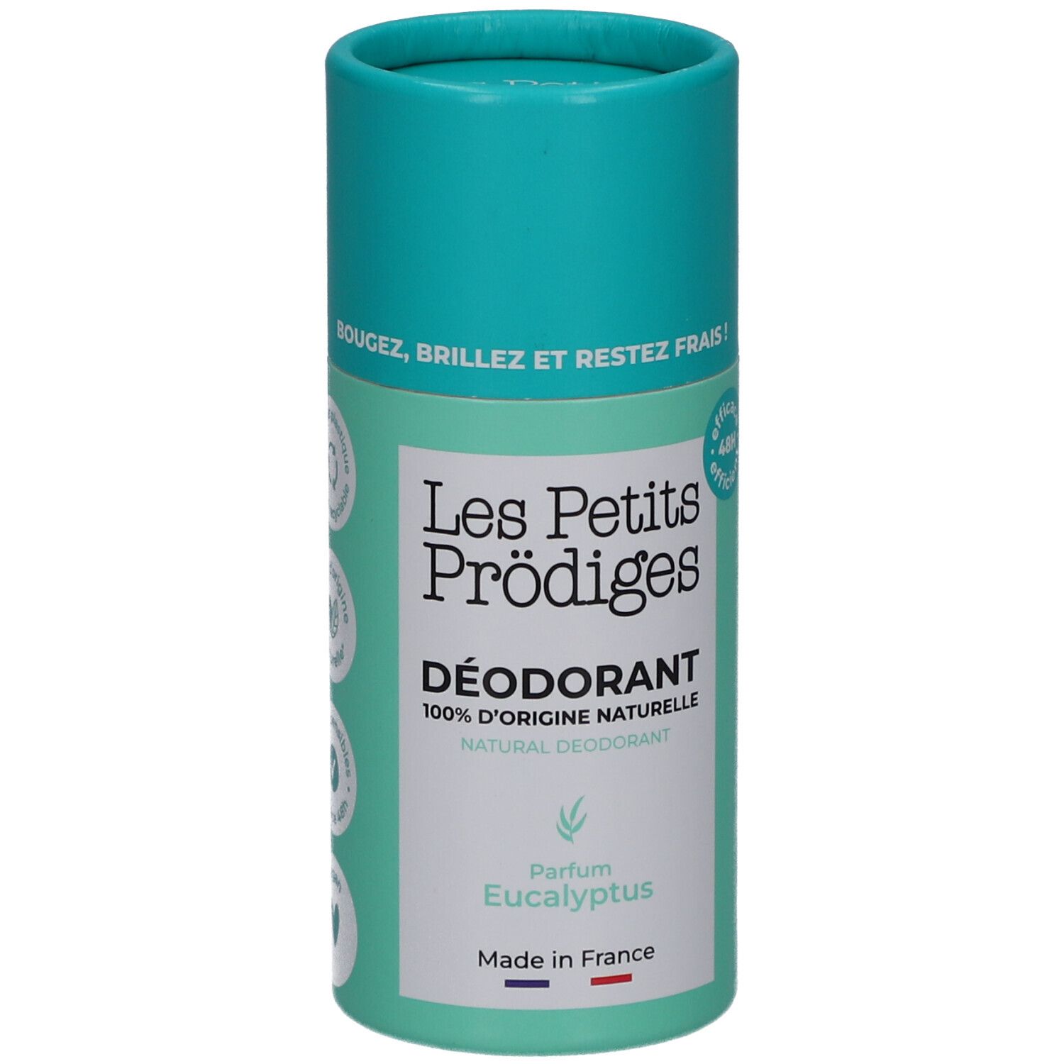 Stick de déodorant, emballage turquoise et blanc. Inscription: Les Petits Prodiges, Déodorant, 100% d'origine naturelle, Parfum Eucalyptus. Fabriqué en France.
