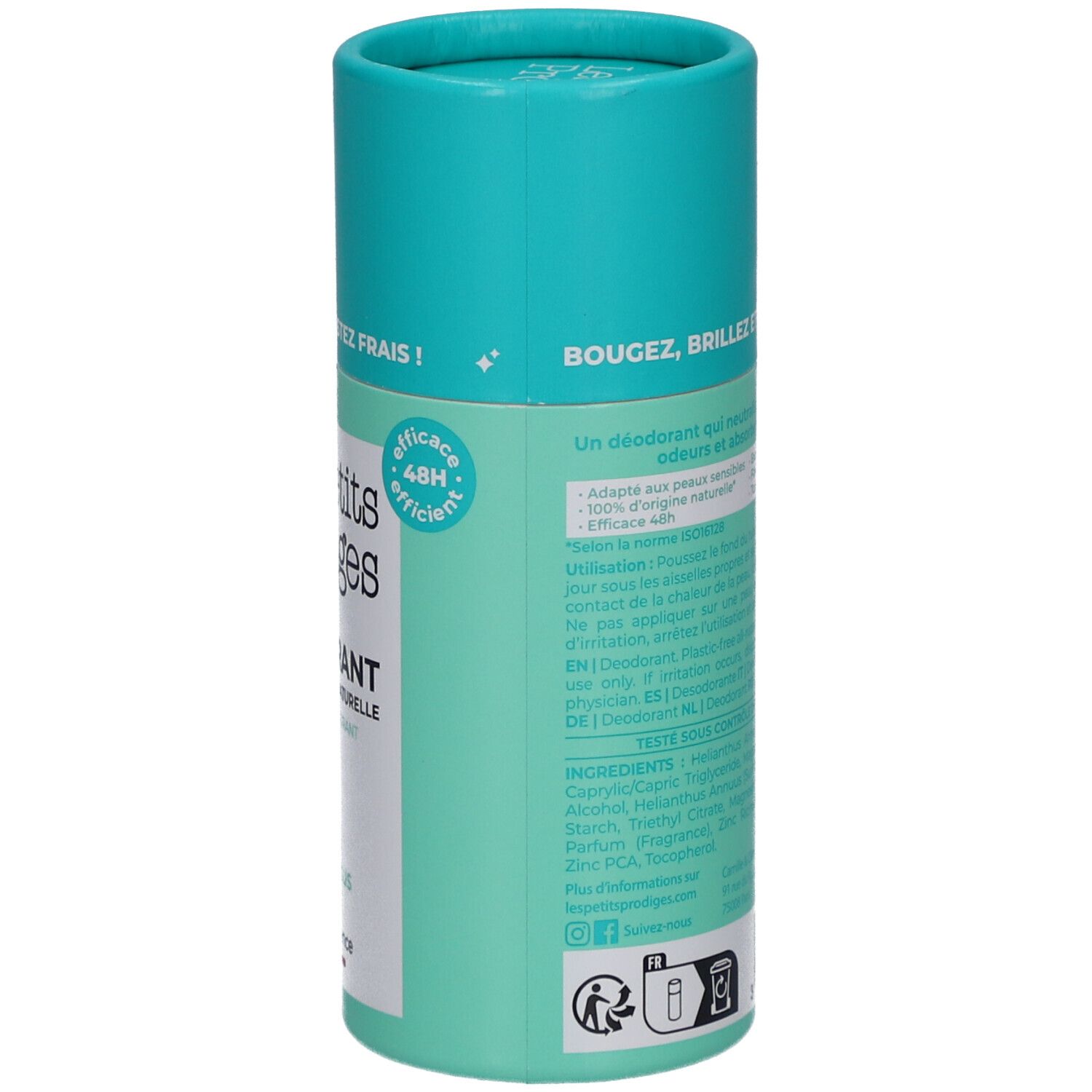 Dos du stick déodorant. Emballage turquoise et blanc. Texte: ingrédients, mode d'emploi, efficacité 48H. Vegan.