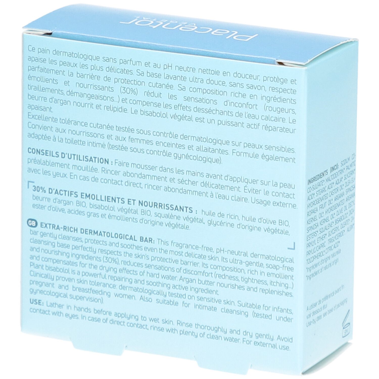 Boîte bleu clair, dos. Texte en français et anglais. Contient des informations sur l'utilisation et les ingrédients.