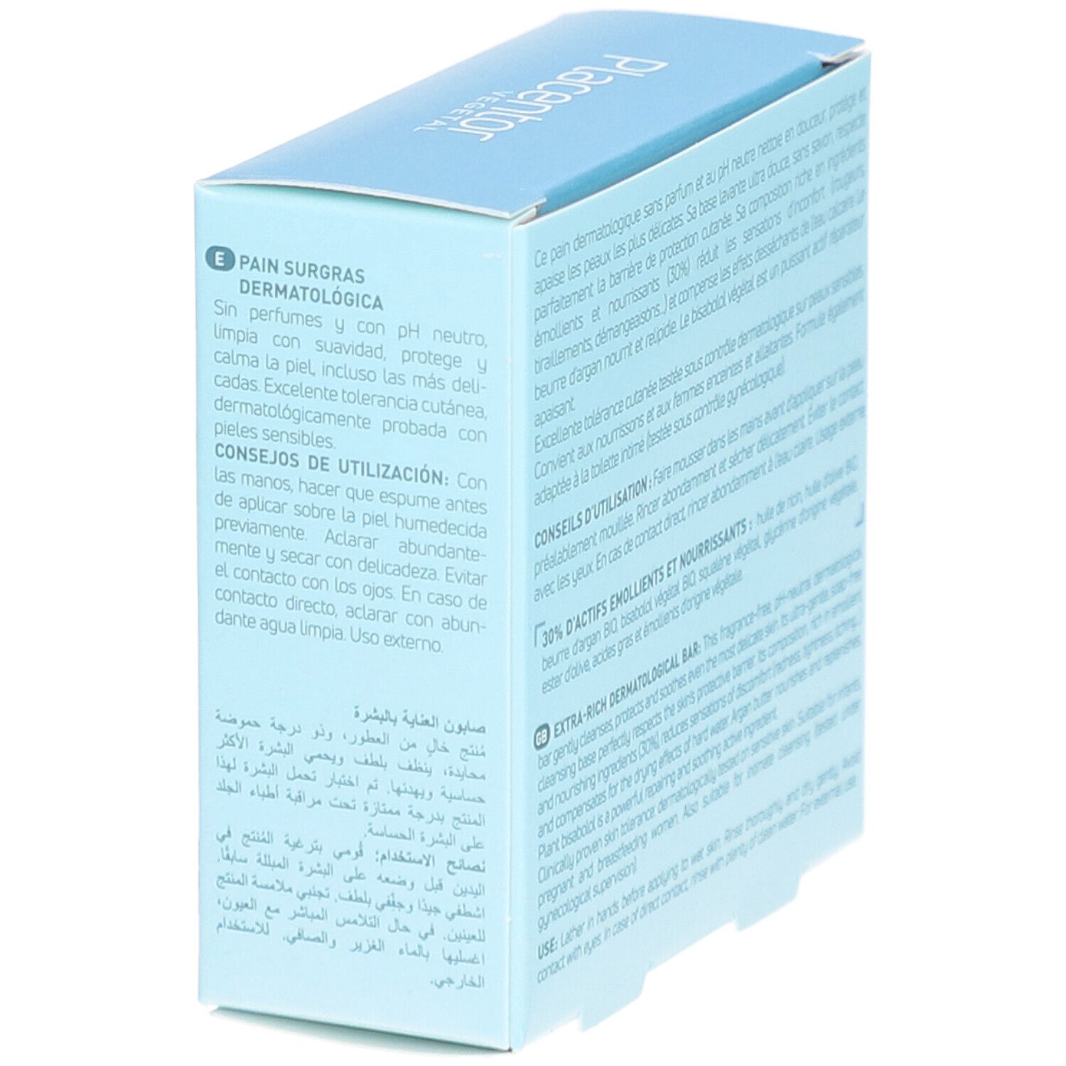Boîte bleu clair, dos. Texte en français et anglais. Contient des informations sur l'utilisation et les ingrédients.