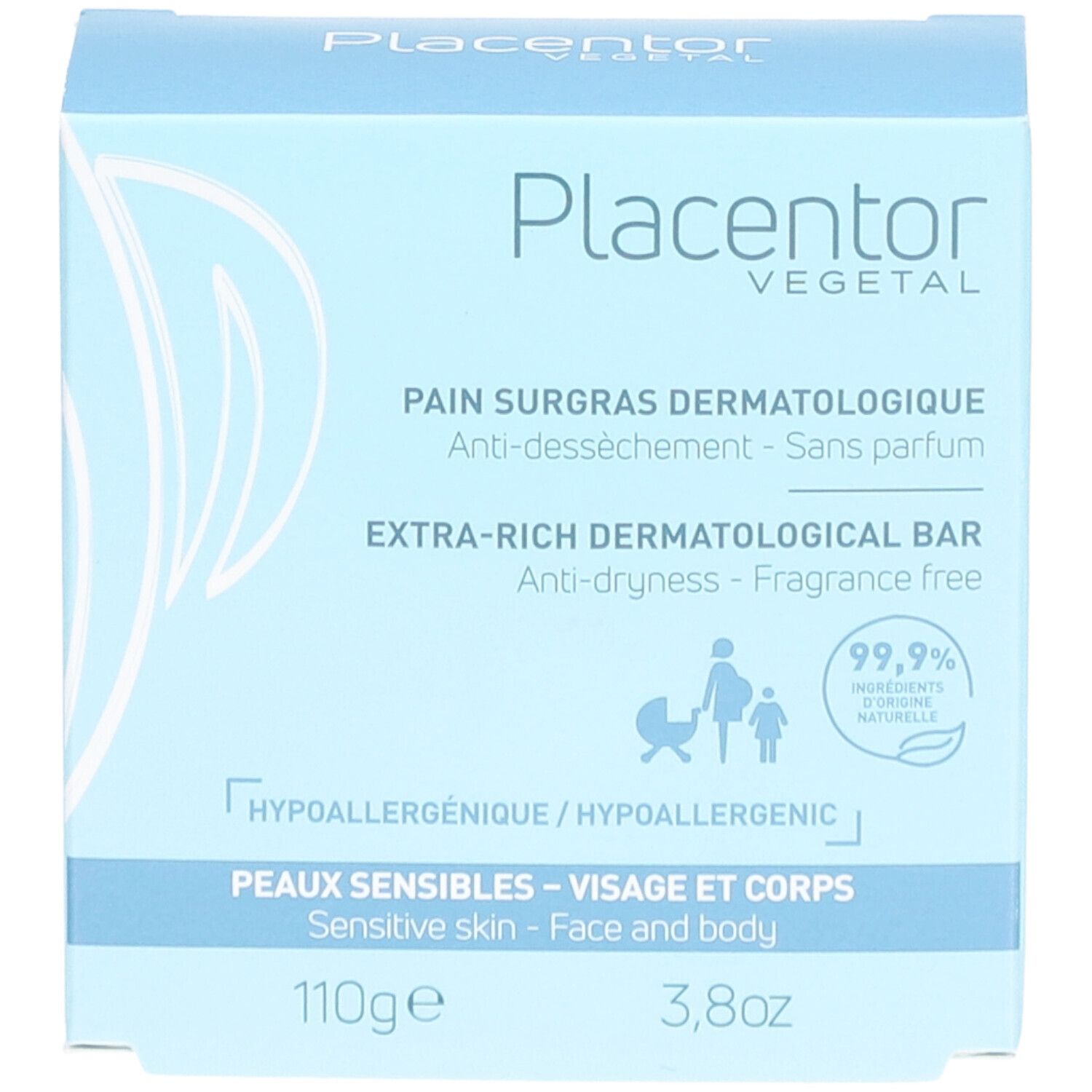 Boîte bleu clair avec nom et description du produit. Texte en français et anglais. 110g, 3,8oz. Hypoallergénique.
