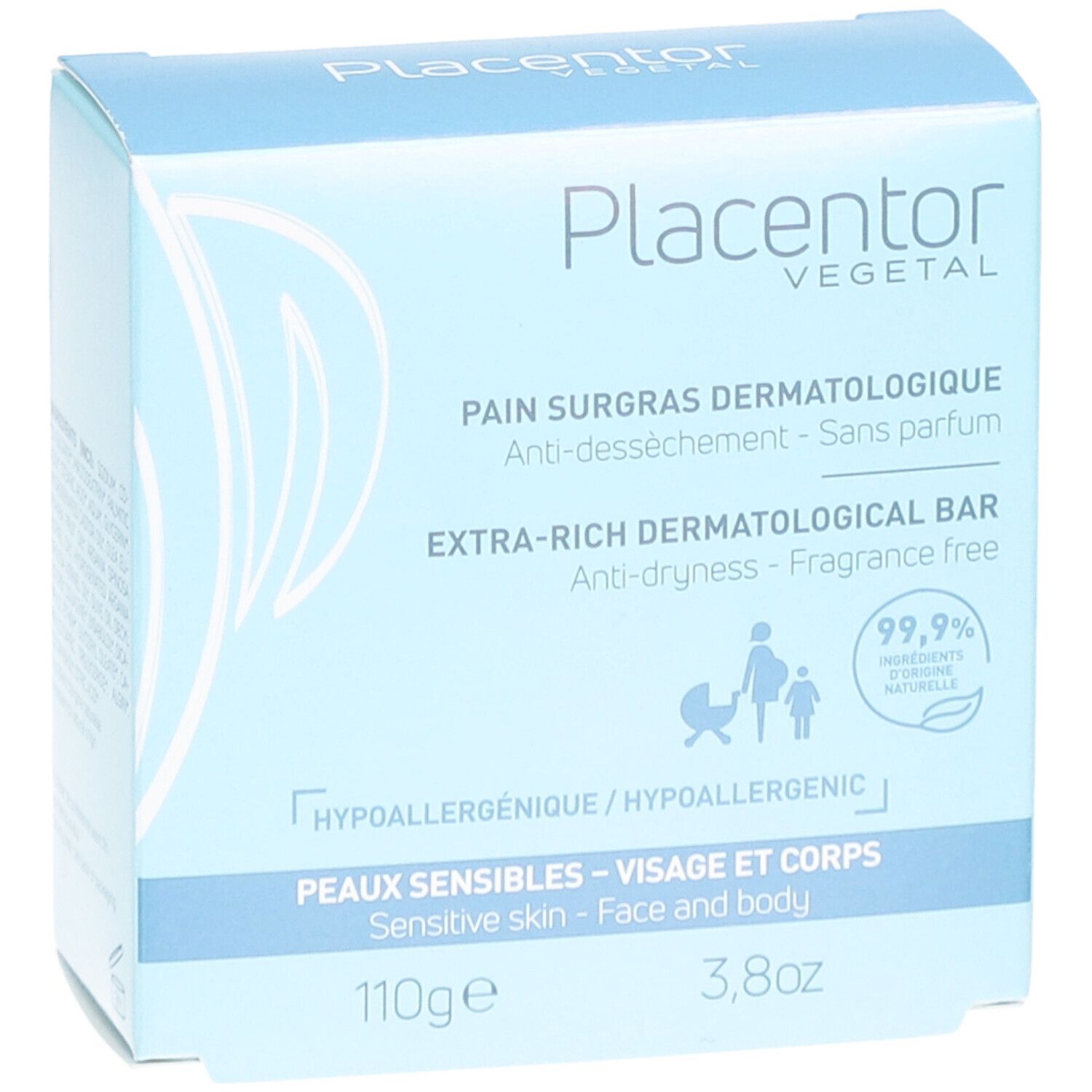 Boîte bleu clair avec nom et description du produit. Texte en français et anglais. 110g, 3,8oz. Hypoallergénique.