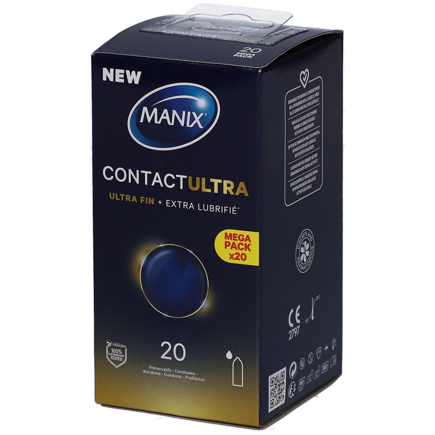 Boîte de préservatifs MANIX CONTACT ULTRA. Contient 20 unités. Emballage Mega Pack. Marquage CE.