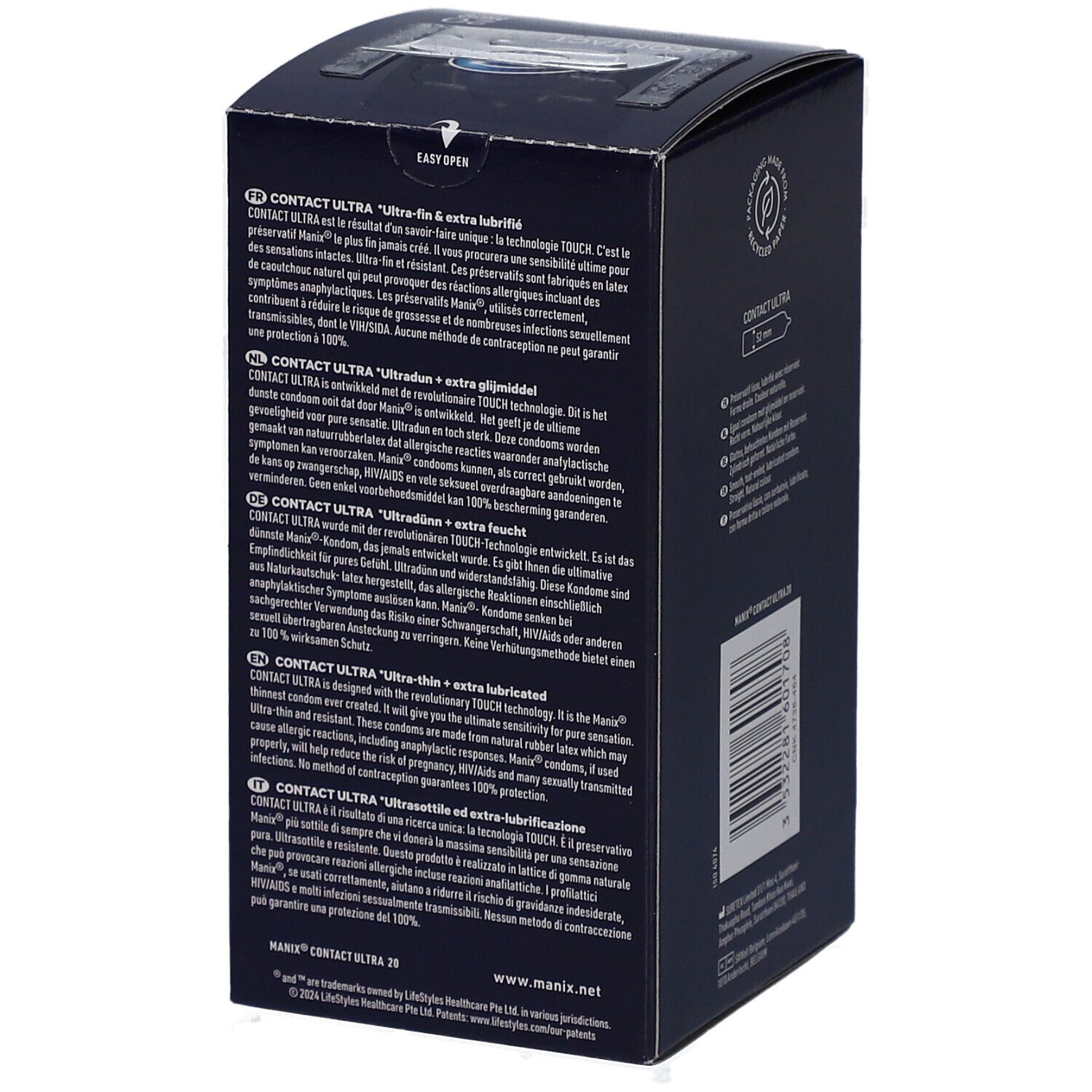 Vue arrière de la boîte de préservatifs MANIX CONTACT ULTRA. Texte multilingue. Marquage CE.