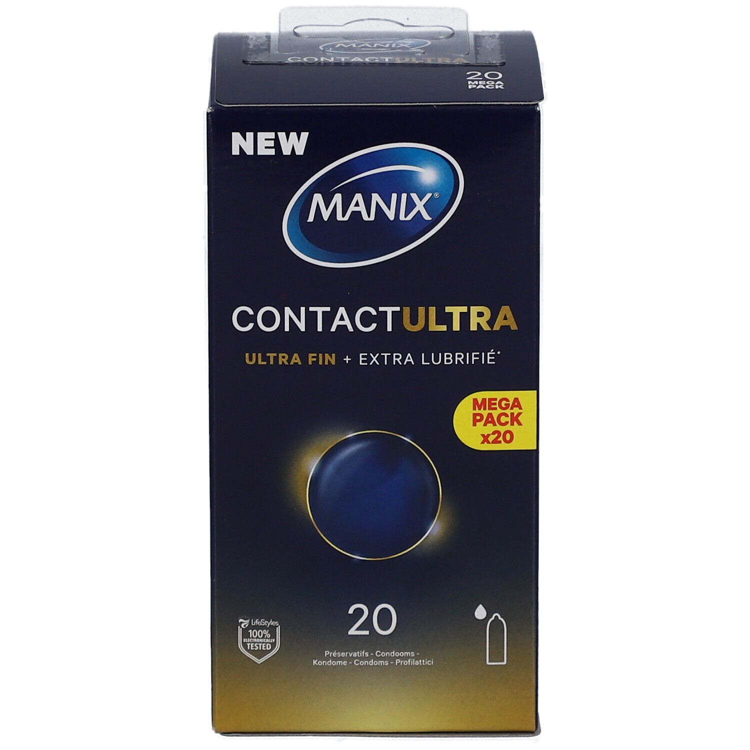 Boîte de préservatifs MANIX CONTACT ULTRA. Contient 20 unités. Mega Pack. Marque et nom du produit visibles.