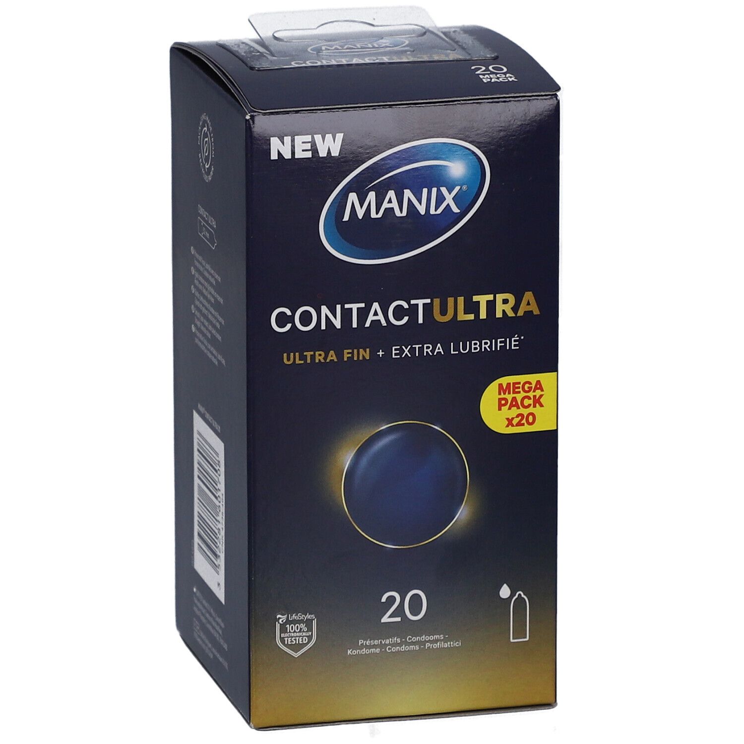 Boîte de préservatifs MANIX CONTACT ULTRA. Contient 20 unités. Mega Pack. Marque et nom du produit.