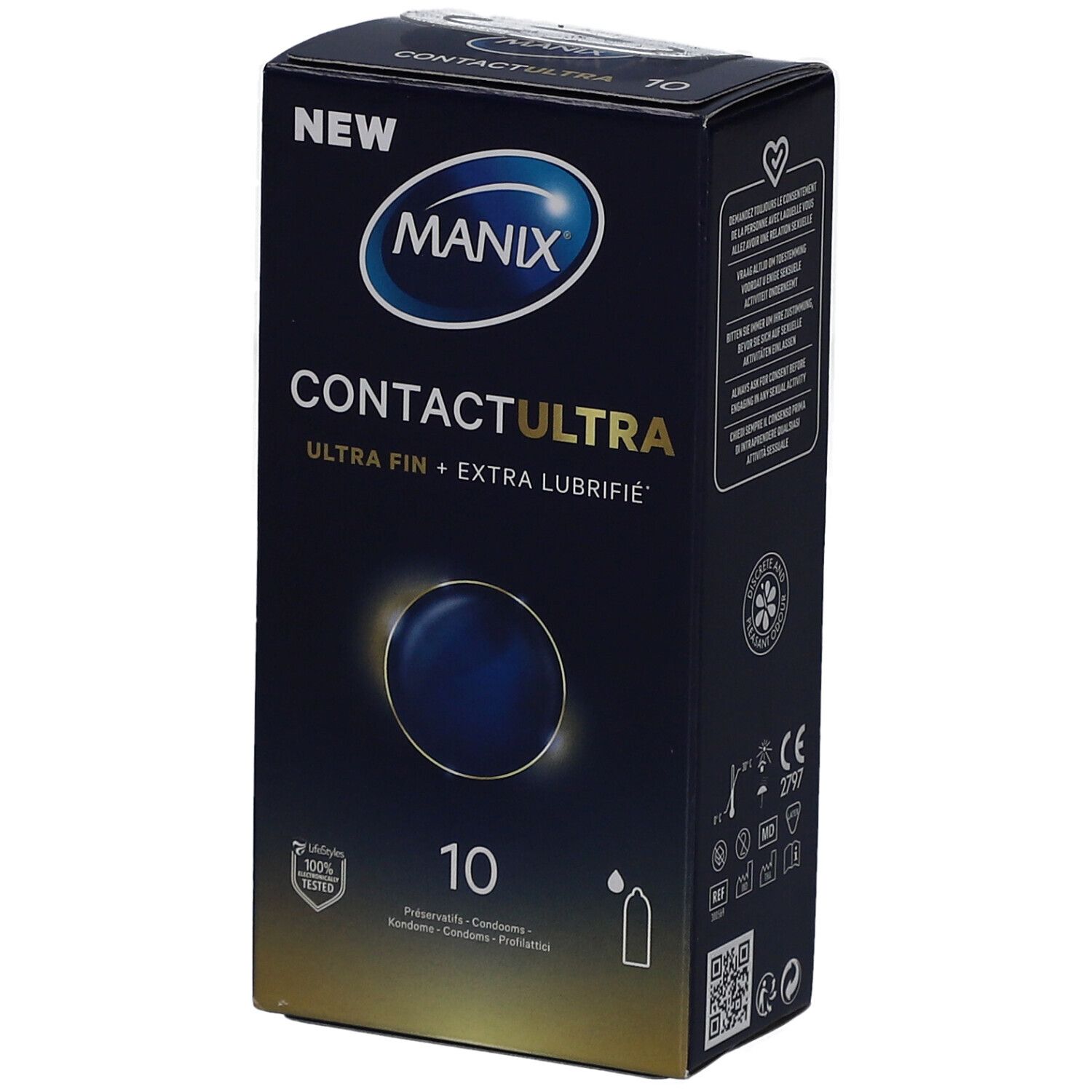 Boîte bleue foncée MANIX CONTACT ULTRA. Contient 10 préservatifs. Inscription: ULTRA FIN + EXTRA LUBRIFIÉ. Marquage CE.