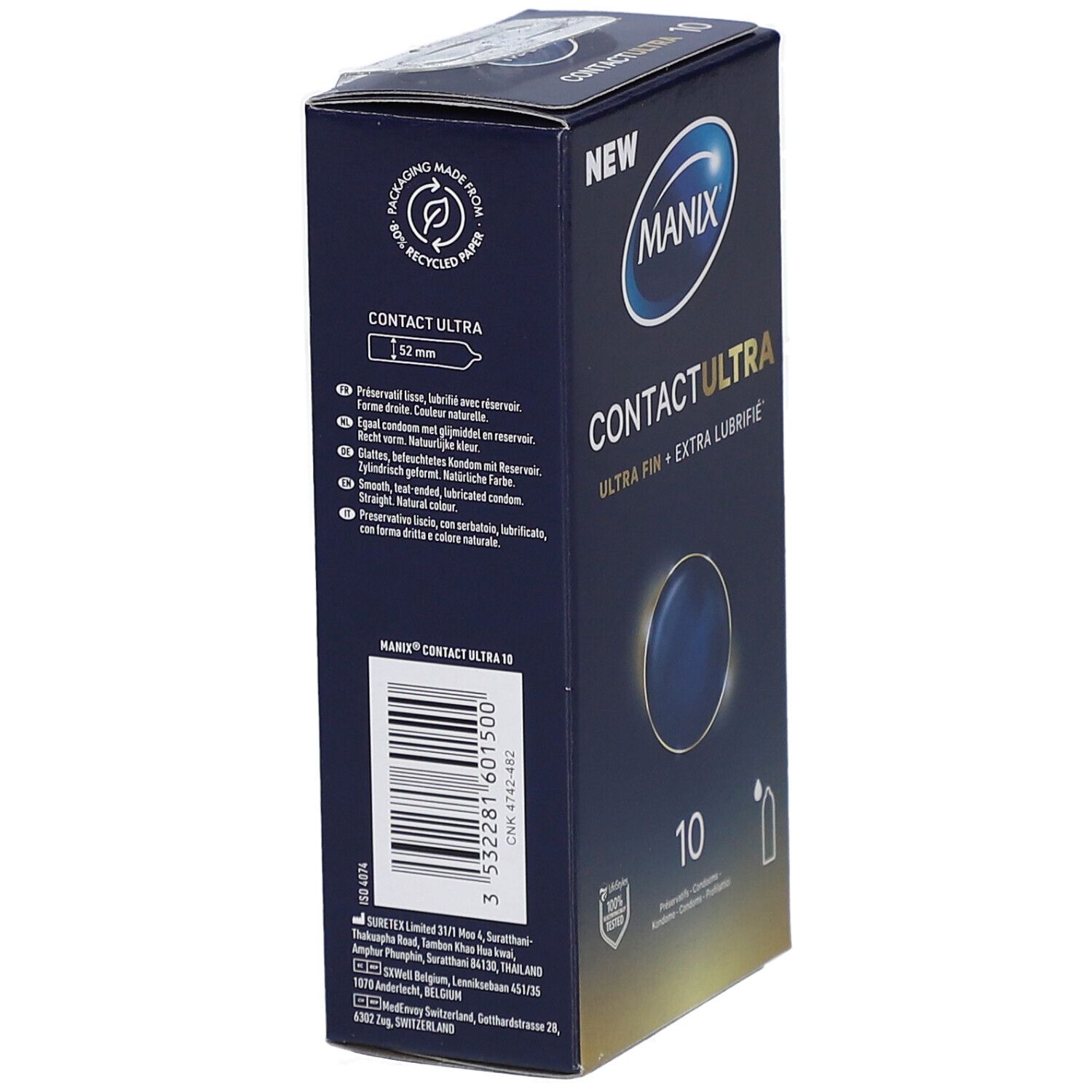 Vue latérale de la boîte MANIX CONTACT ULTRA. Texte: CONTACT ULTRA, 52 mm. Emballage en papier recyclé à 80%. Code-barres et marquage CE.