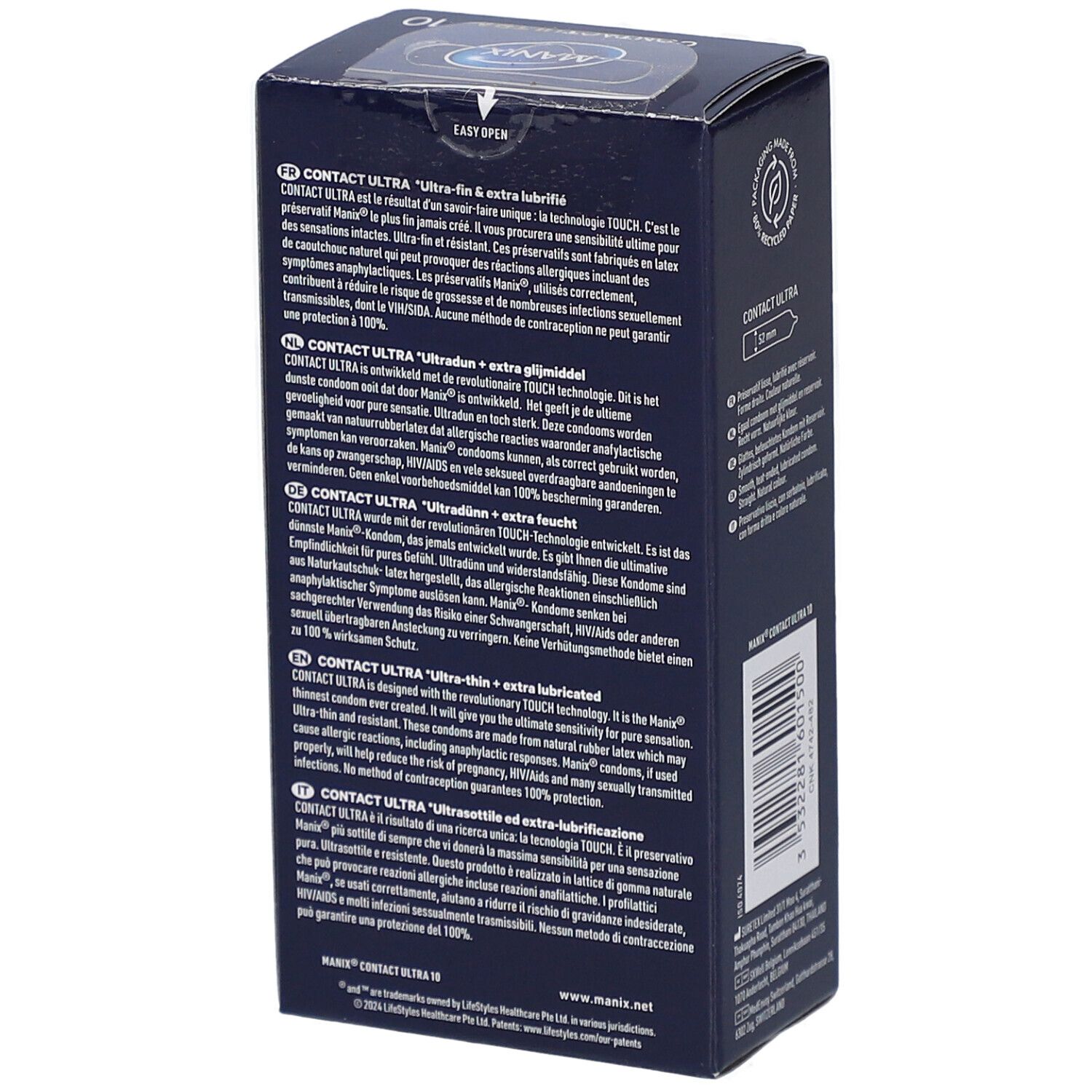 Dos de la boîte MANIX CONTACT ULTRA. Texte multilingue. Marquage CE. Informations sur les ingrédients et le fabricant.