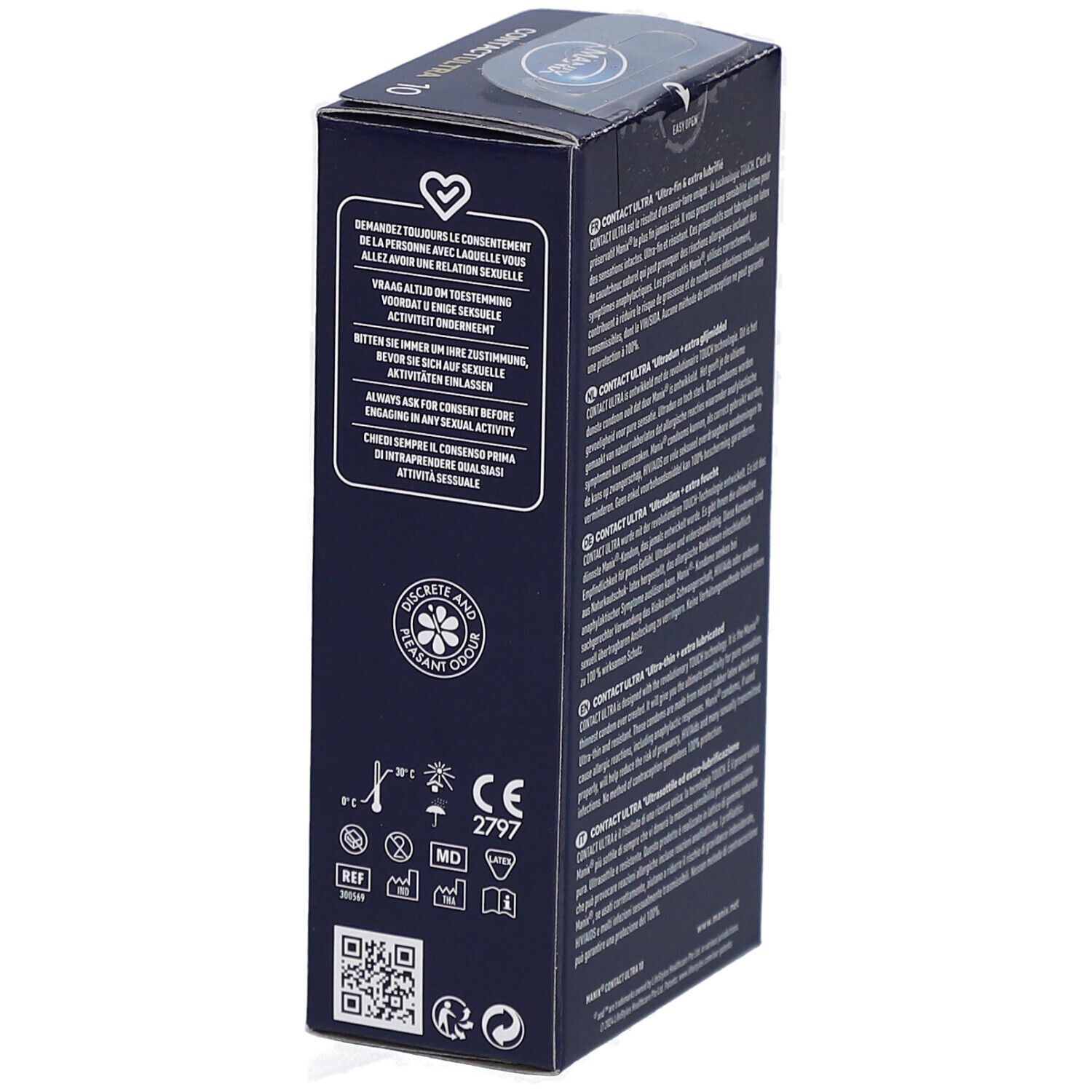 Boîte MANIX CONTACT ULTRA. Texte: Demandez le consentement. Marquage CE. Code QR et autres symboles.