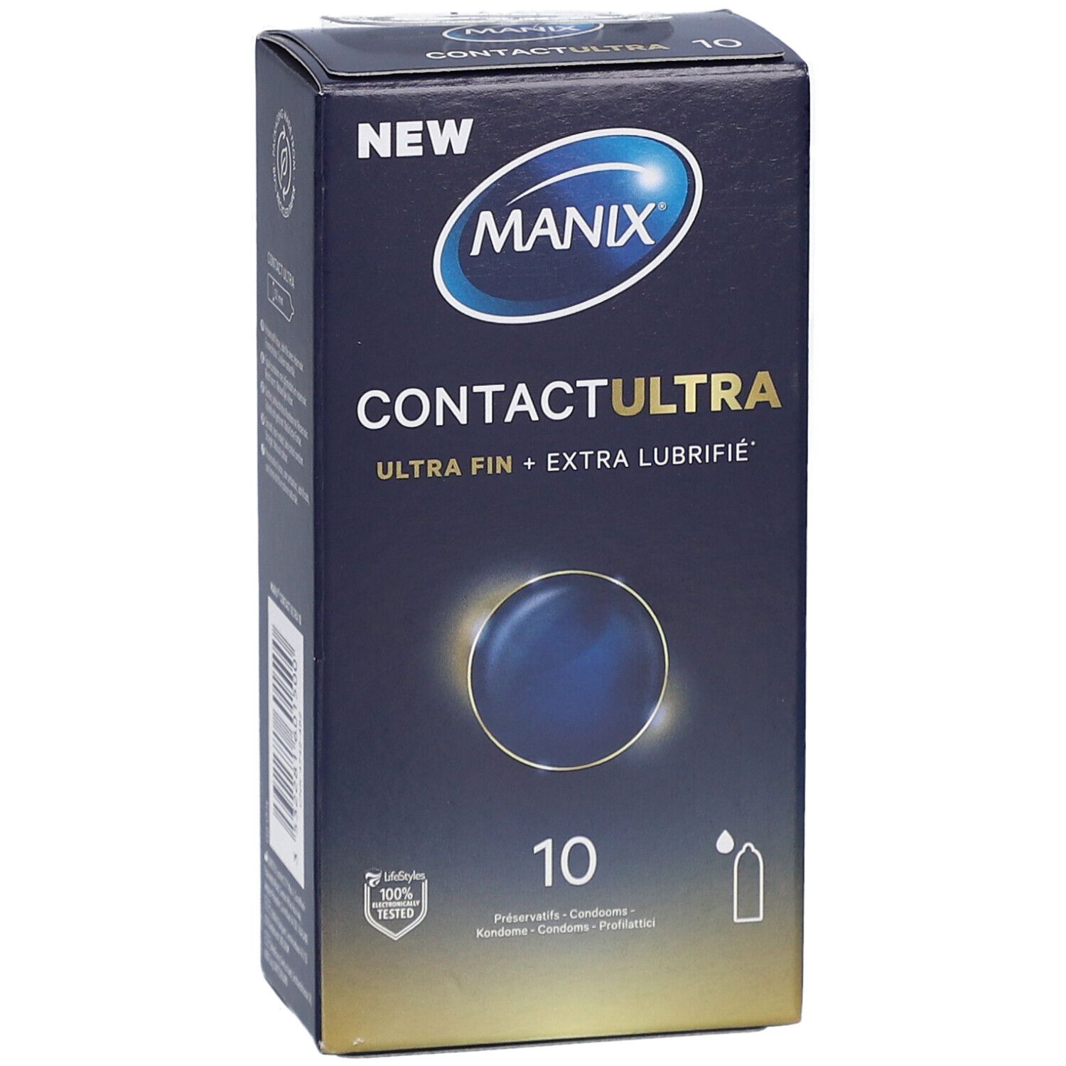 Boîte bleue foncée MANIX CONTACT ULTRA. Contient 10 préservatifs. Inscription: ULTRA FIN + EXTRA LUBRIFIÉ. Marquage CE.