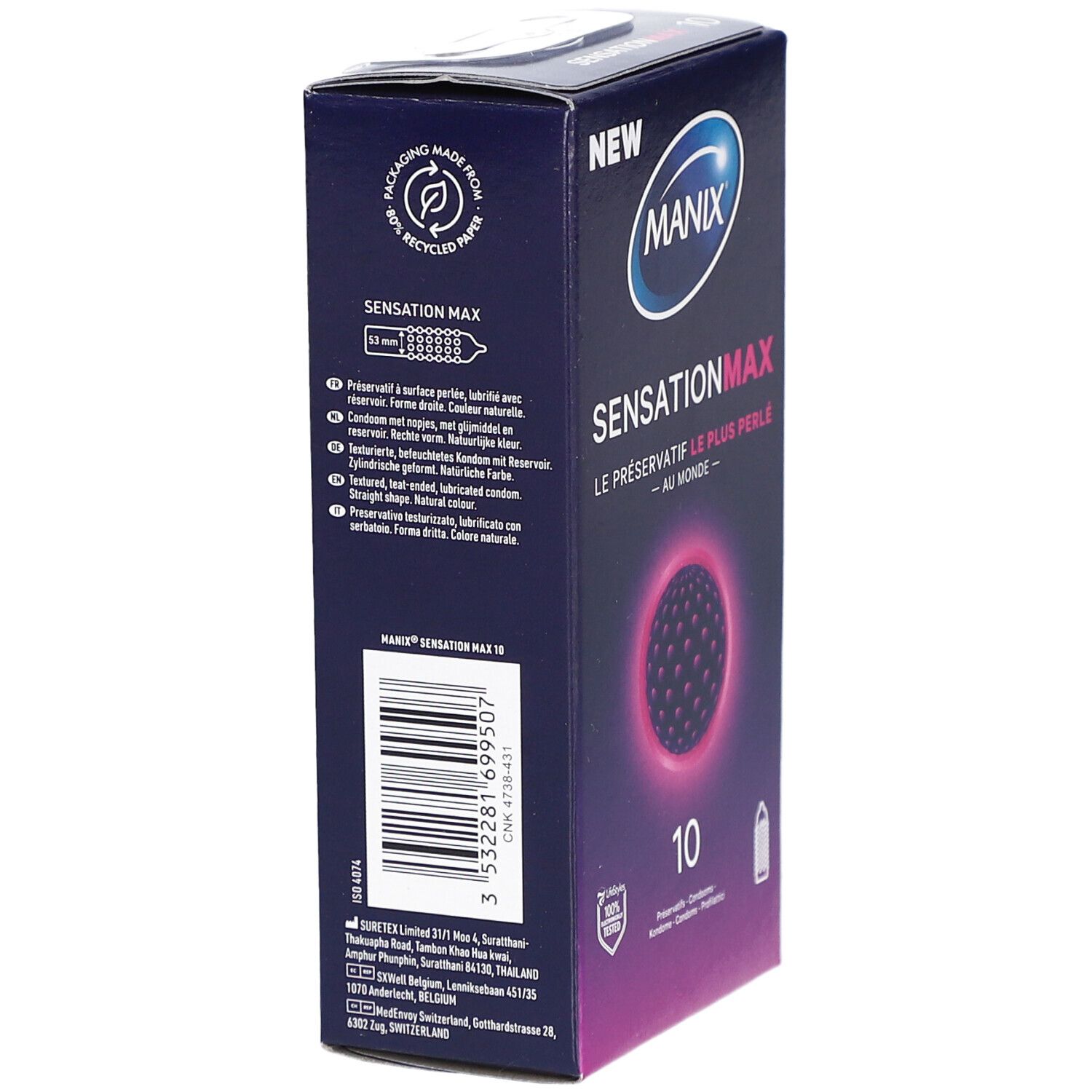 Vue latérale de la boîte de préservatifs MANIX Sensation MAX. Emballage en papier recyclé. Code-barres et informations produit.
