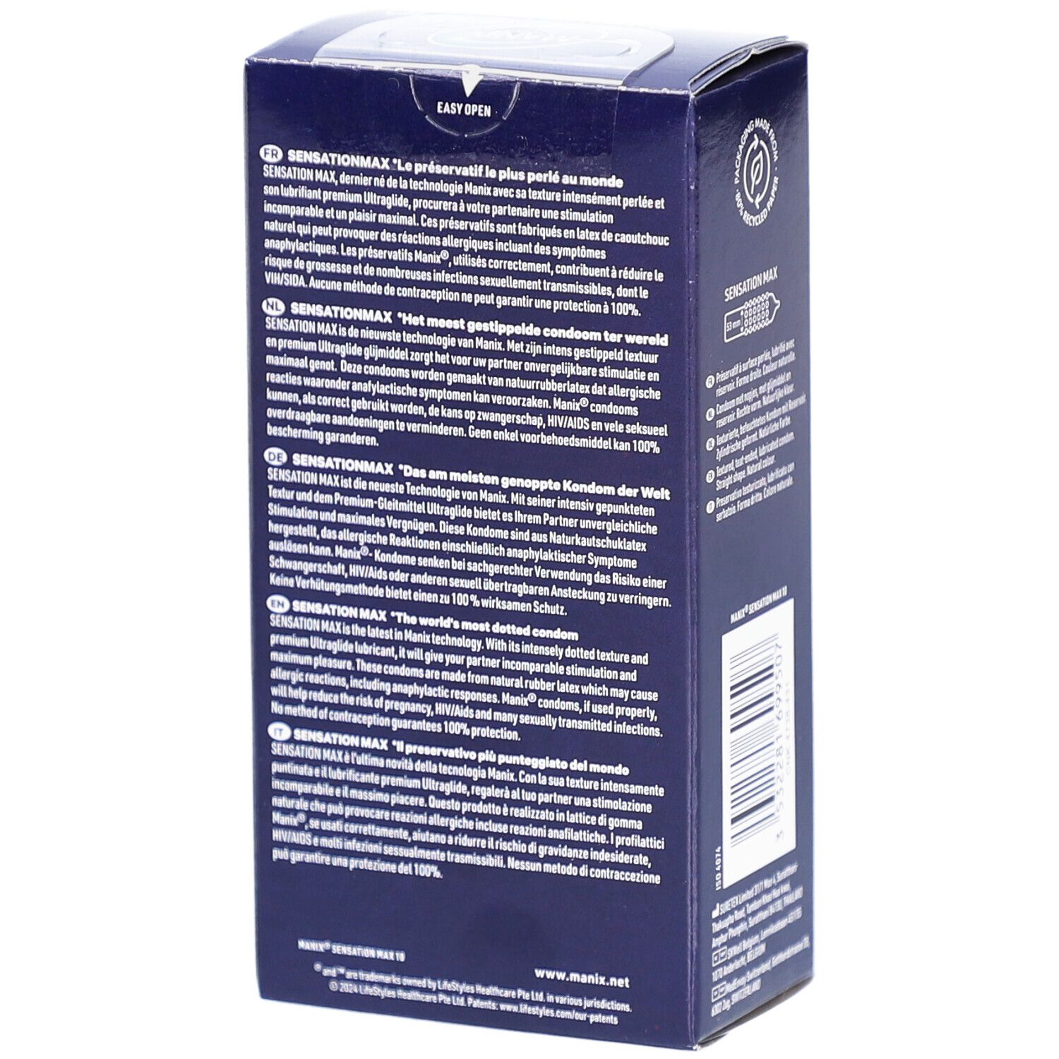 Dos de la boîte de préservatifs MANIX Sensation MAX. Texte multilingue. Informations sur l'utilisation et les ingrédients.