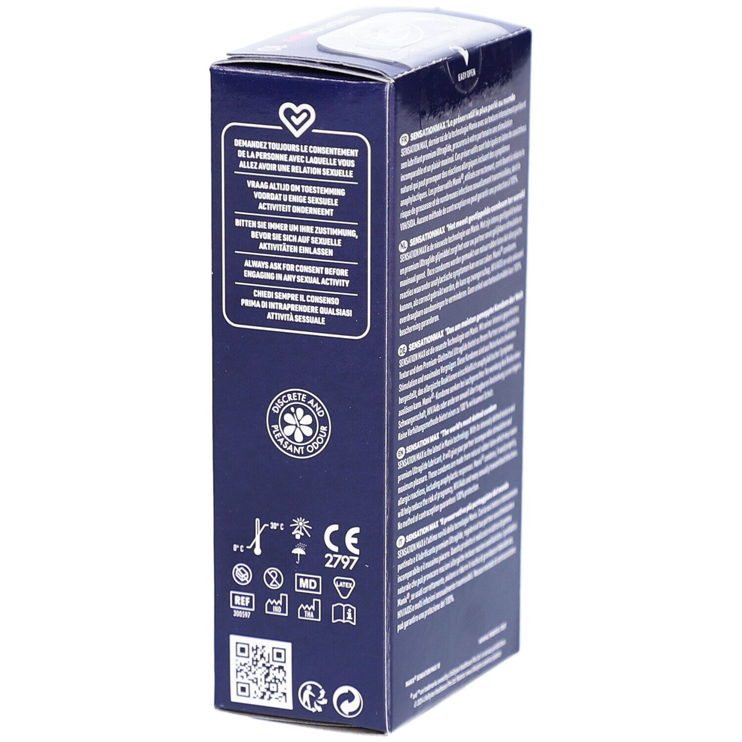 Vue latérale de la boîte de préservatifs MANIX Sensation MAX. Contient des informations et des symboles. Marquage CE.