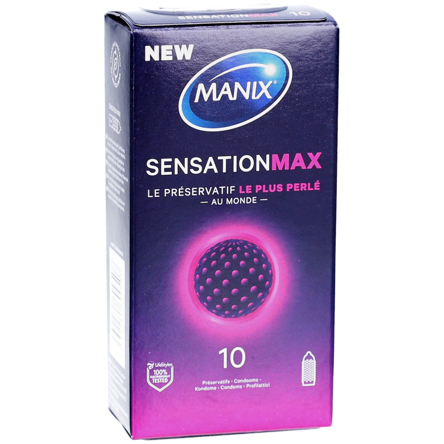 Boîte de préservatifs MANIX Sensation MAX. Nom du produit, logo et 10 préservatifs. Emballage violet et bleu.