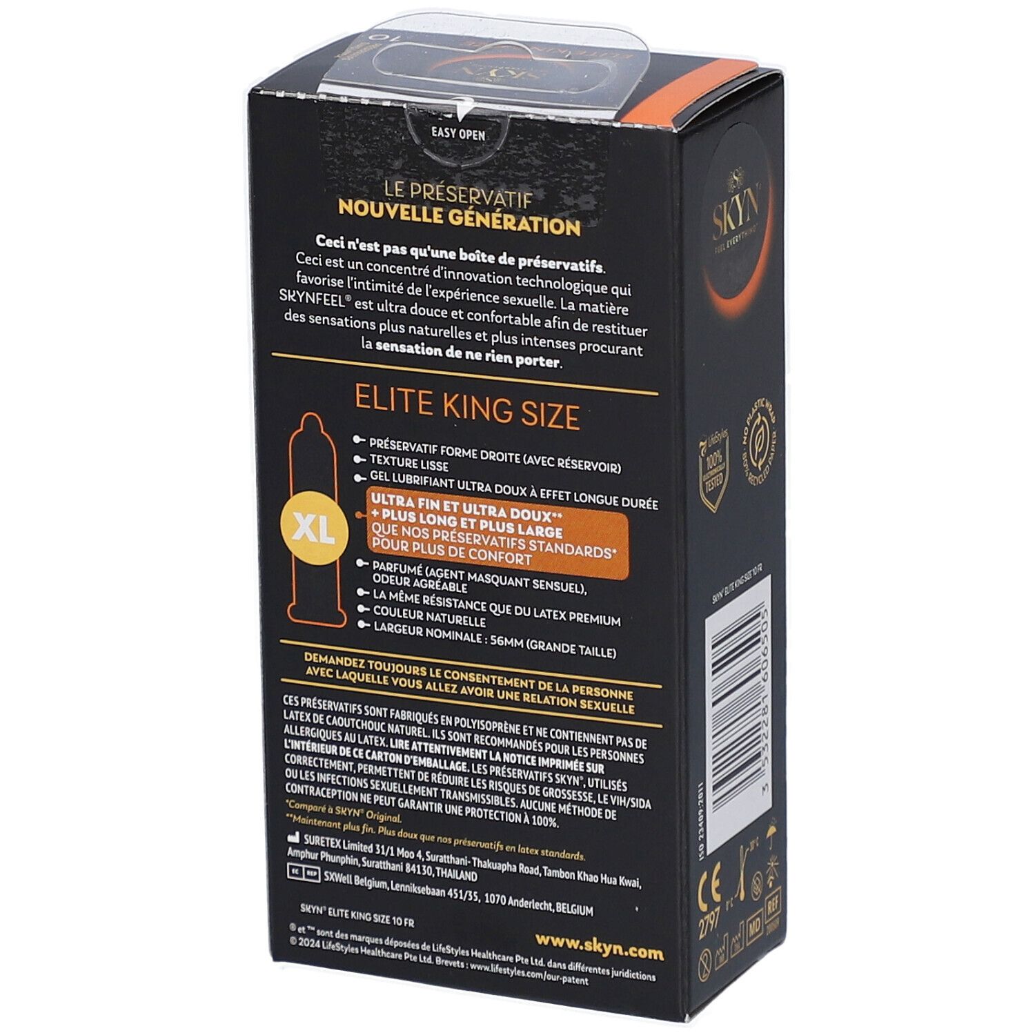 Dos de la boîte noire. Texte: ELITE KING SIZE, XL, Ultra Fit, texture. Logos et informations.