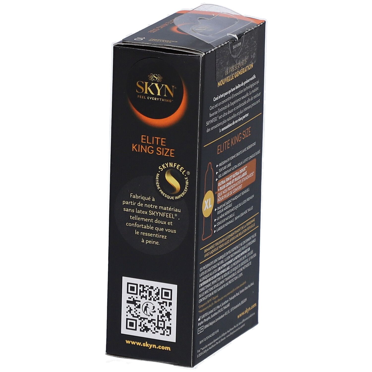Boîte noire, vue latérale. Texte: ELITE KING SIZE, SKYNFEEL. Logos et code QR.