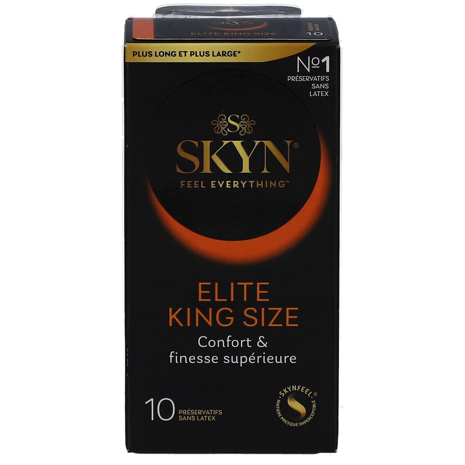 Boîte noire avec nom et logo du produit. Texte: ELITE KING SIZE, 10 préservatifs, sans latex.