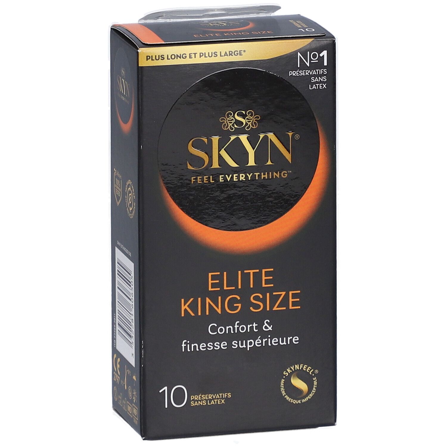 Boîte noire avec nom et logo du produit. Texte: ELITE KING SIZE, 10 préservatifs, sans latex.