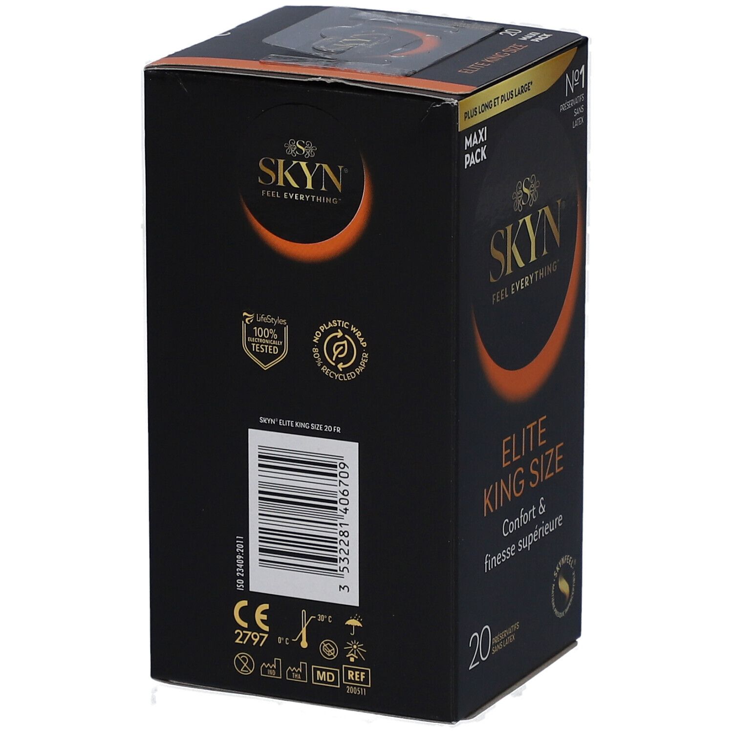 Boîte noire avec nom du produit SKYN ELITE KING SIZE. Dos avec texte et code-barres. Contient 20 préservatifs.