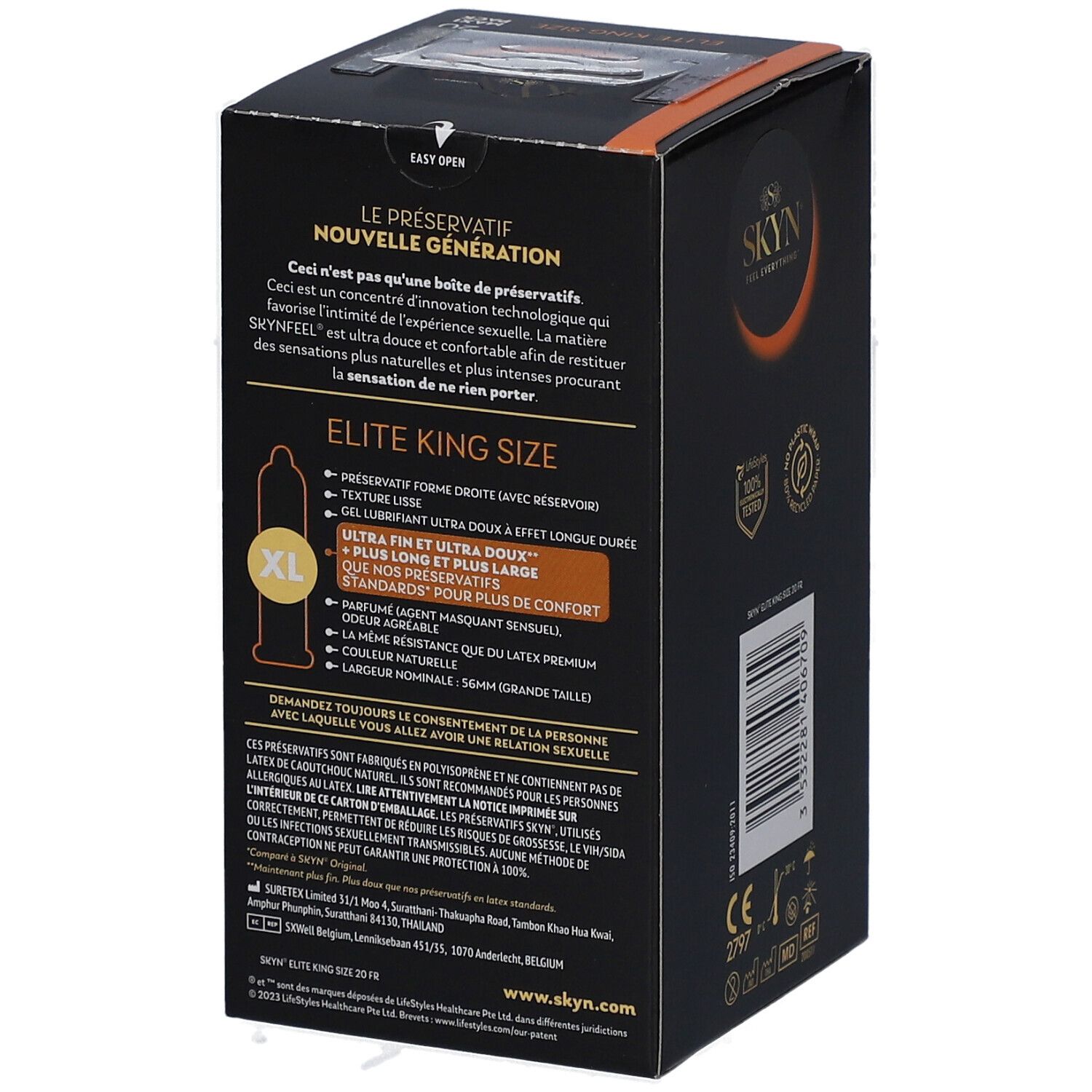 Dos de la boîte avec informations sur le produit. Texte: ELITE KING SIZE, Ultra Fin et Ultra Doux, plus long et plus large.