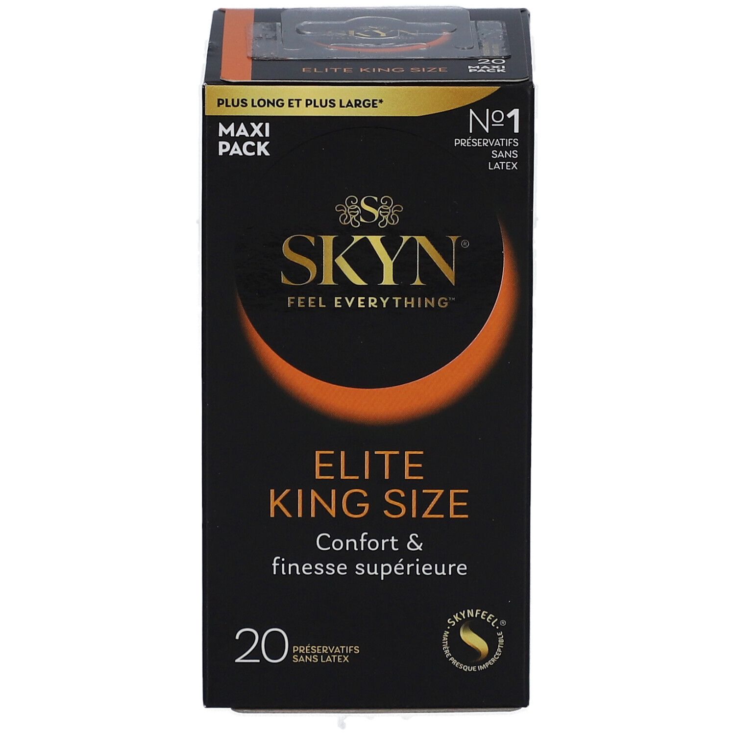 Boîte noire avec nom du produit SKYN ELITE KING SIZE. Contient 20 préservatifs. Texte: PLUS LONG ET PLUS LARGE.
