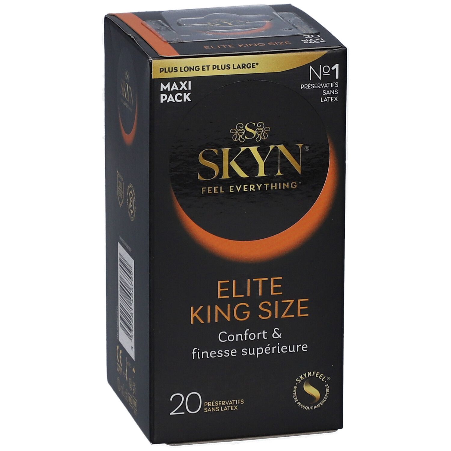Boîte noire avec nom du produit SKYN ELITE KING SIZE. Contient 20 préservatifs. Texte: PLUS LONG ET PLUS LARGE.