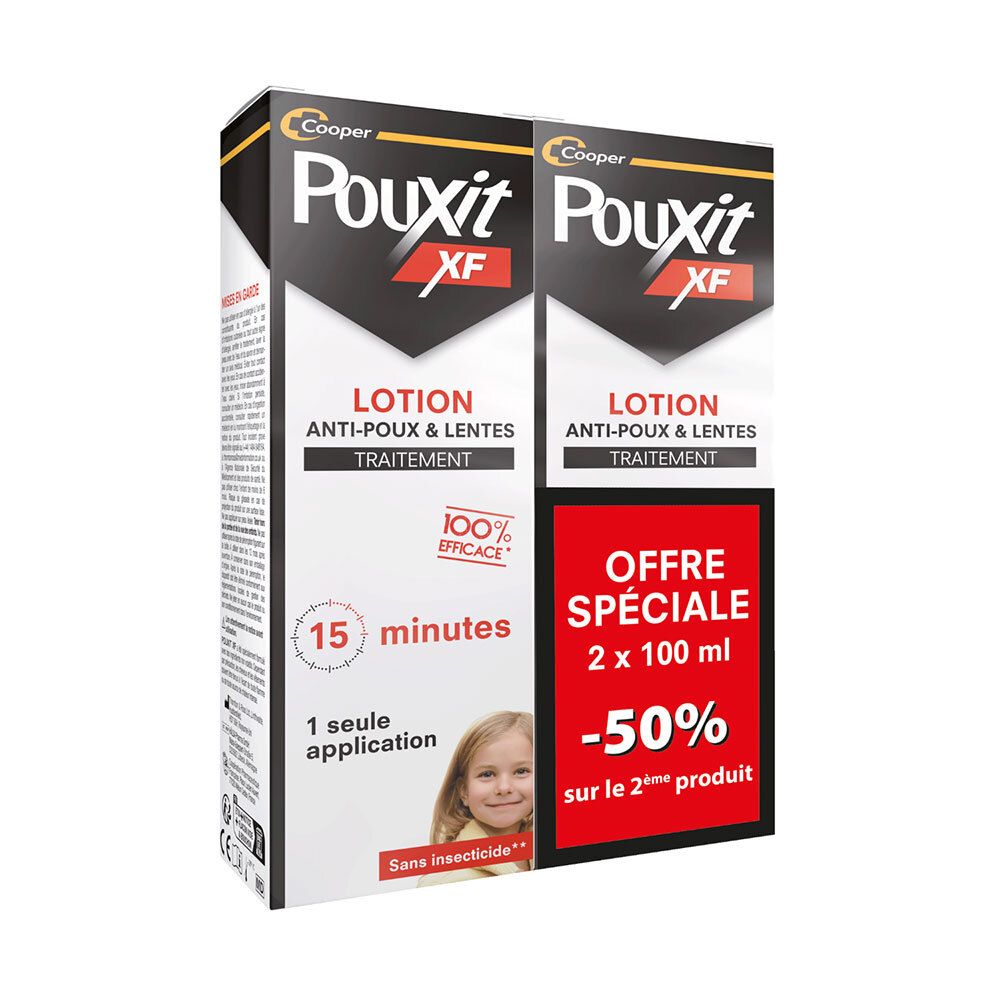 Deux boîtes de Pouxit XF Lotion. Emballage noir et blanc avec informations produit et enfant.