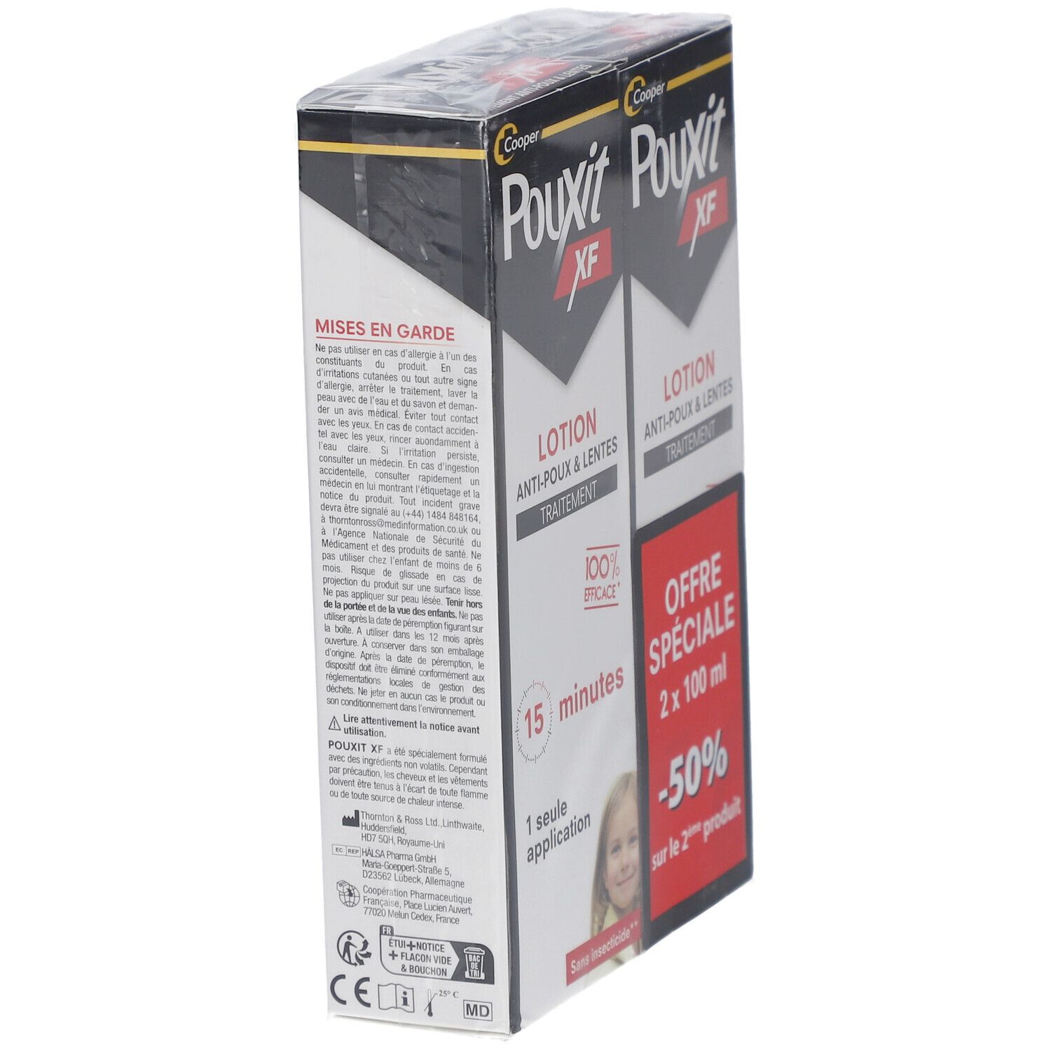 Deux boîtes POUXIT XF LOTION en biais. Emballage noir et blanc. Texte : Anti-poux & lentes, 15 minutes, 1 seule application. Film transparent.