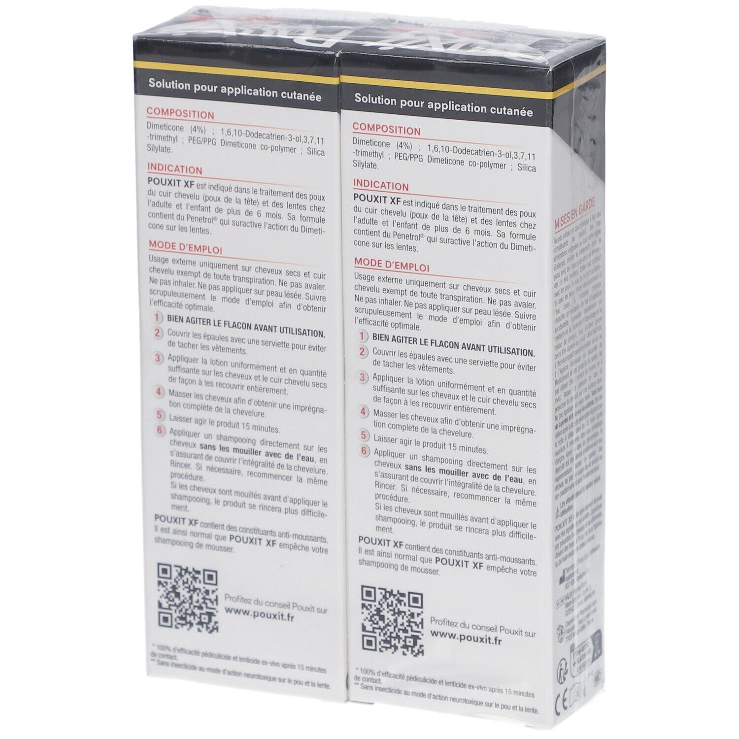 Dos de deux boîtes POUXIT XF LOTION. Texte : Solution pour application cutanée. Ingrédients, mode d'emploi, QR code, informations fabricant.
