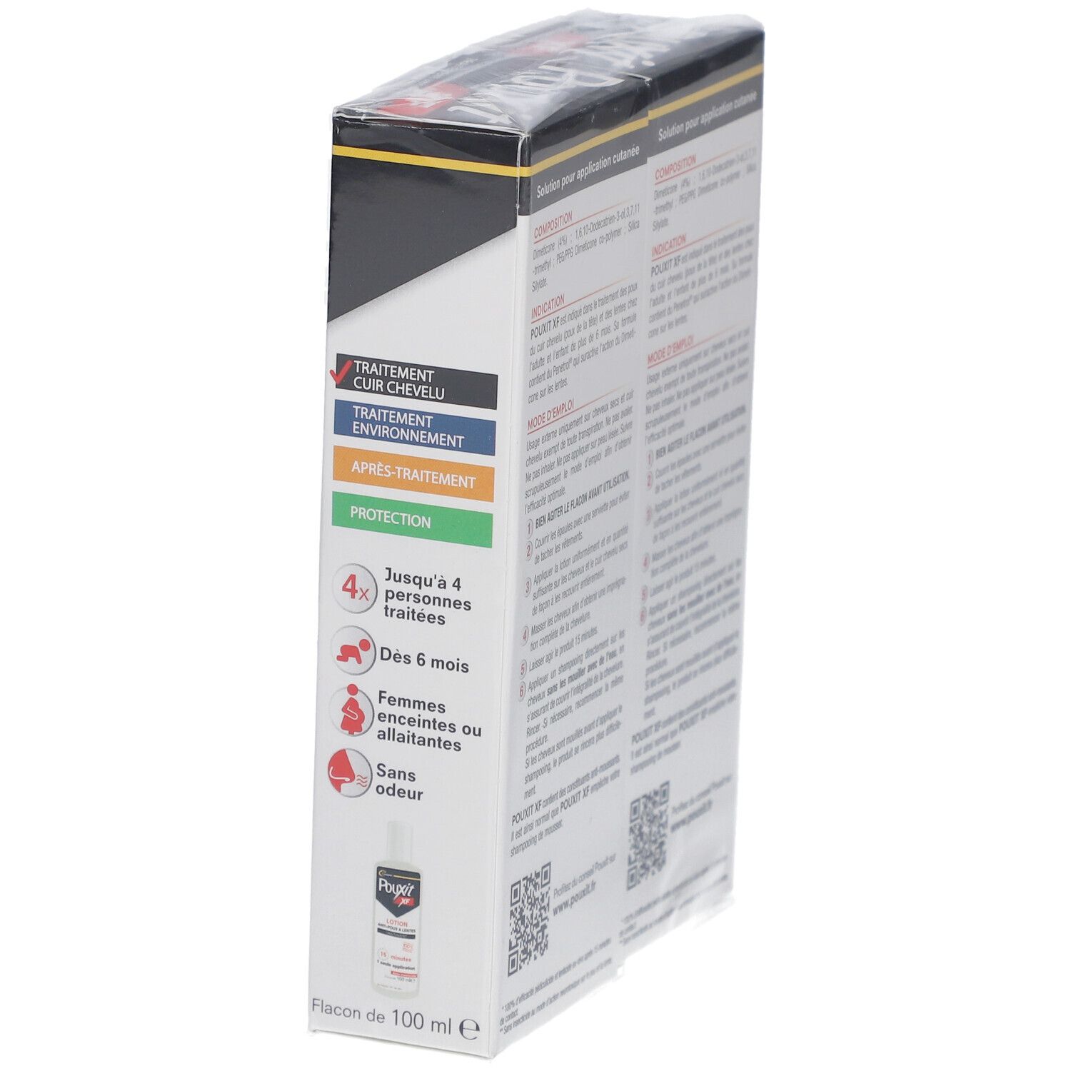 Côté d'une boîte POUXIT XF LOTION. Texte : Traitement, après traitement, protection. Jusqu'à 4 personnes, dès 6 mois, femmes enceintes. Flacon.