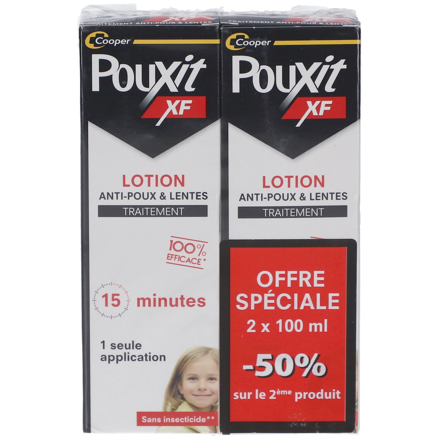 Deux boîtes POUXIT XF LOTION. Emballage noir et blanc avec encart rouge. Texte : Anti-poux & lentes, 15 minutes, 1 seule application.