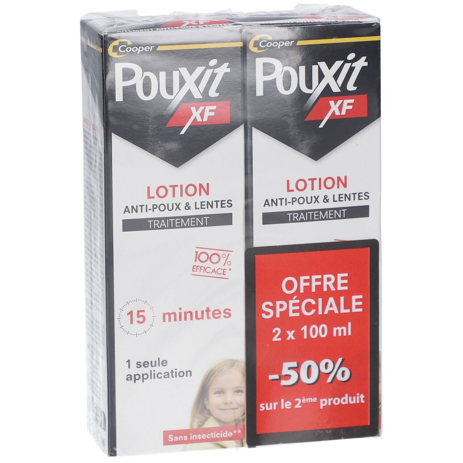 Deux boîtes POUXIT XF LOTION. Emballage noir et blanc avec encart rouge. Texte : Anti-poux & lentes, 15 minutes, 1 seule application.