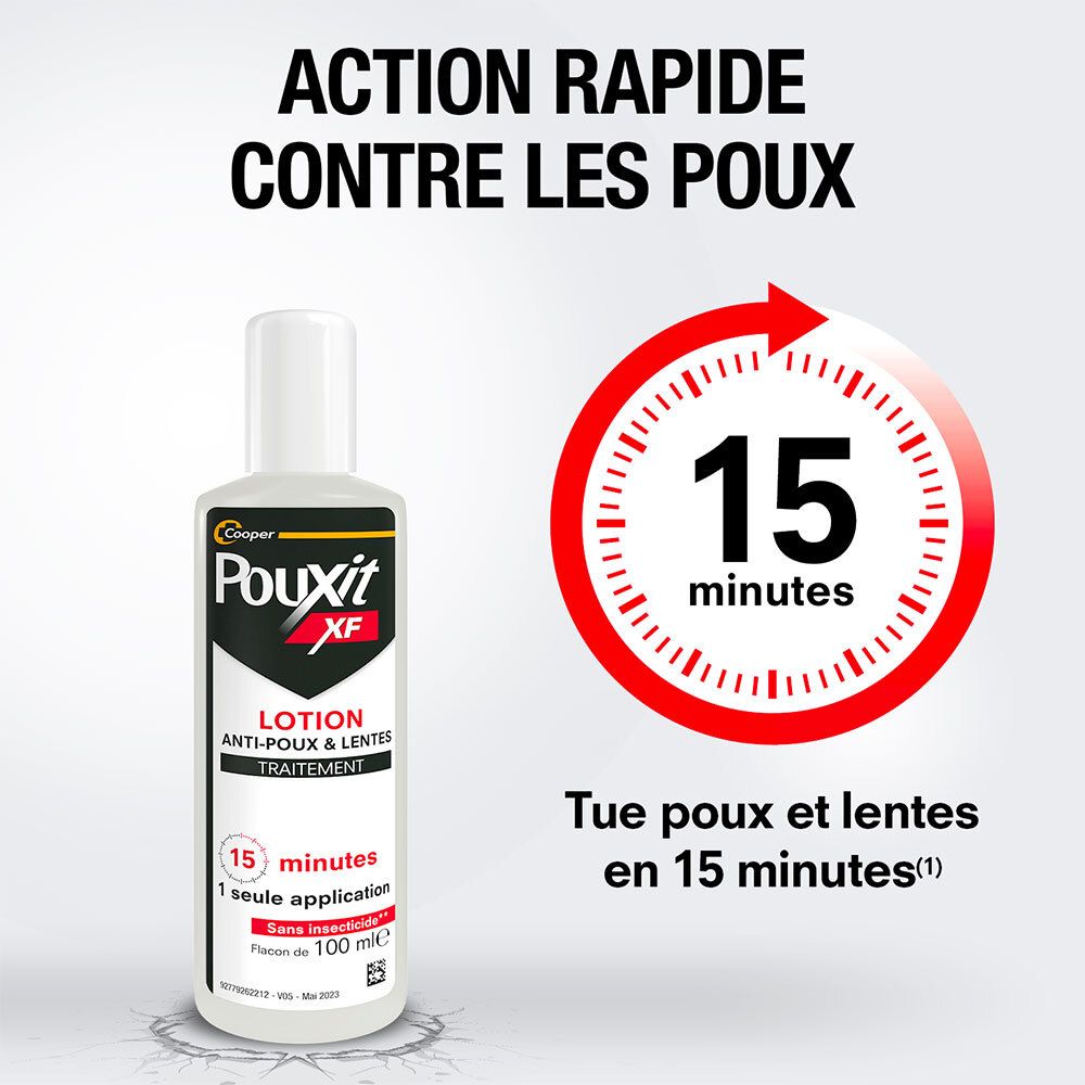 Flacon Pouxit XF Lotion et cadran rouge 15 minutes. Texte : Action rapide contre les poux.