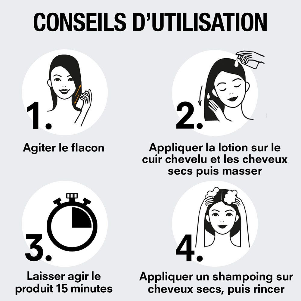 Instructions : Agiter le flacon, appliquer sur cheveux secs, laisser agir 15 minutes, rincer.