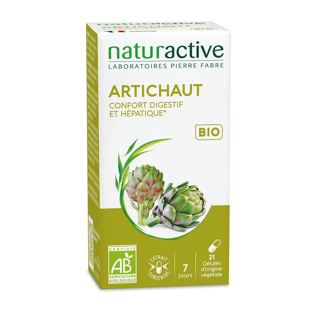 Boîte du produit. Inscription: ARTICHAUT, BIO. 21 gélules. Illustration d'artichauts. Certification AB.